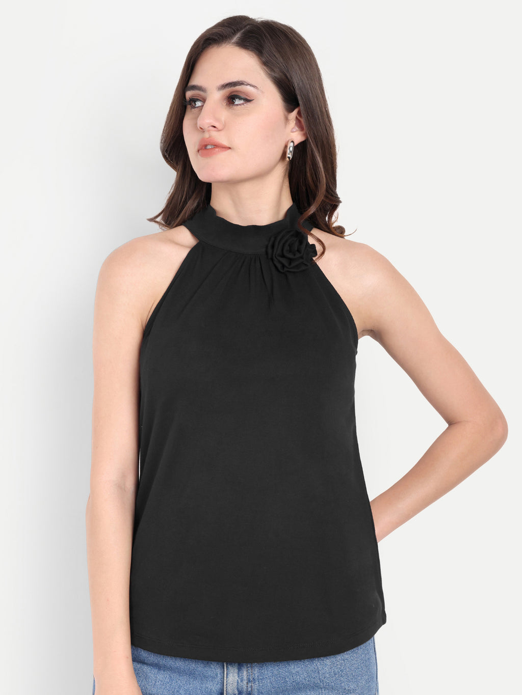 Women's Black Halter Floral Note Neck Sleeveless Top | Casual & Party Wear