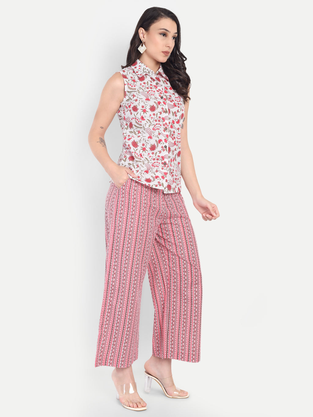 Women's White & Red Floral Sleeveless Shirt with Pink Printed Wide-Leg Pants | Comfortable Summer Co-ord Set