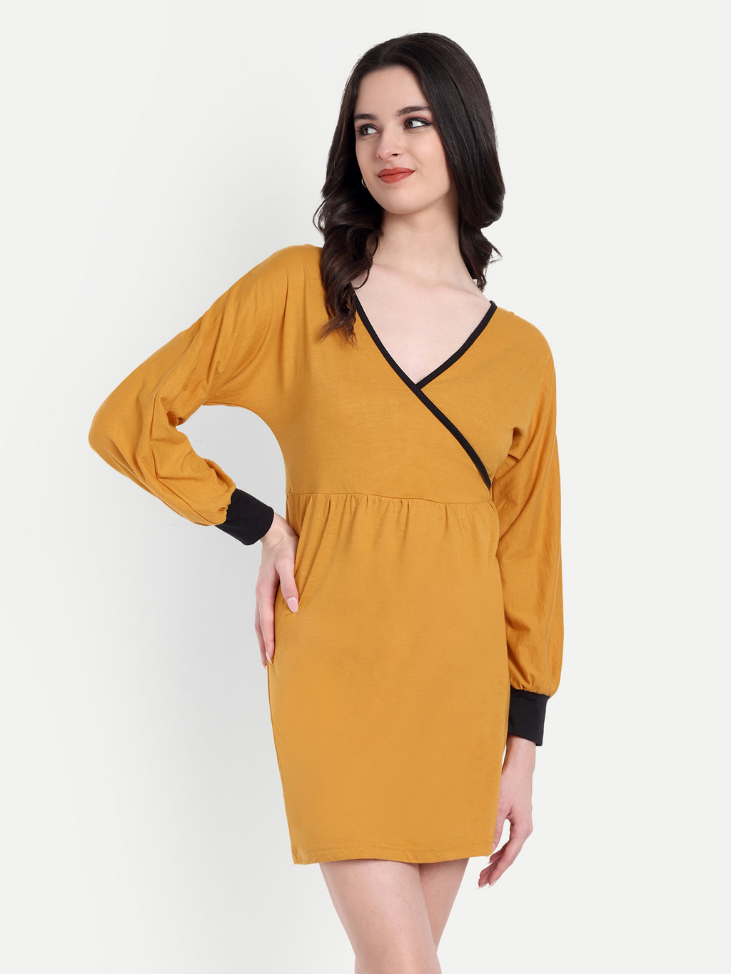 Women's Yellow Bodycon Mini Dress | V-Neck | Long Sleeve | Casual & Party Wear