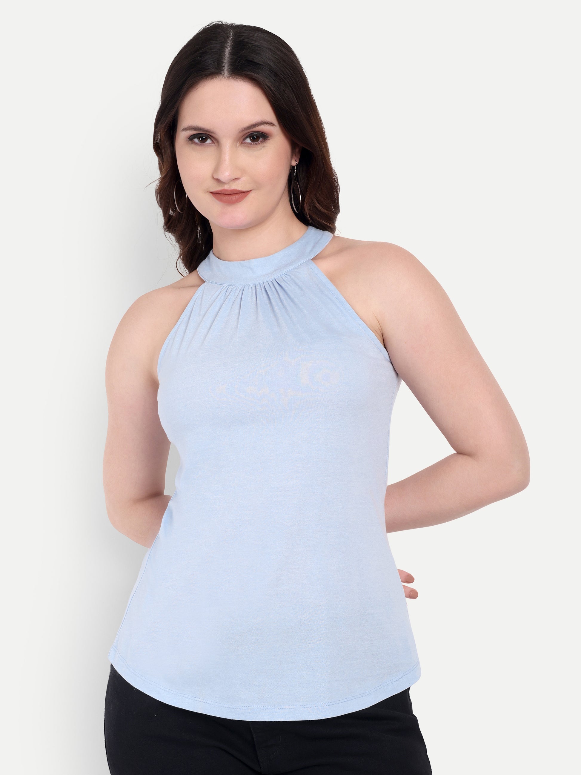 Women's light Blue Halter Neck Sleeveless Top | Casual & Party Wear