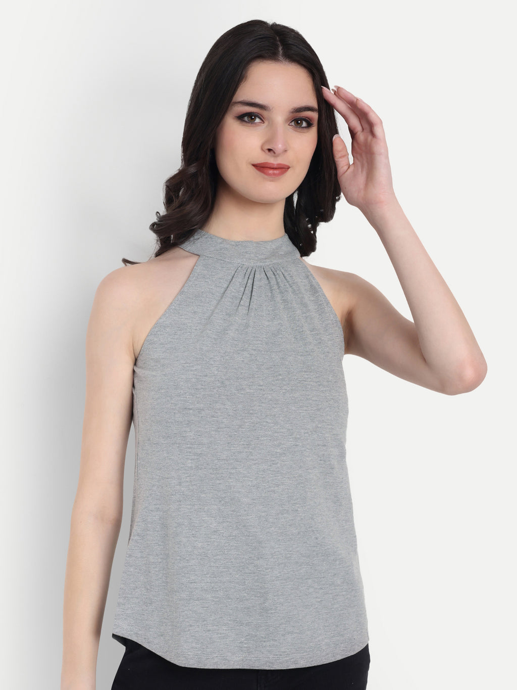 Women's Light Grey Halter Neck Sleeveless Top | Casual & Party Wear