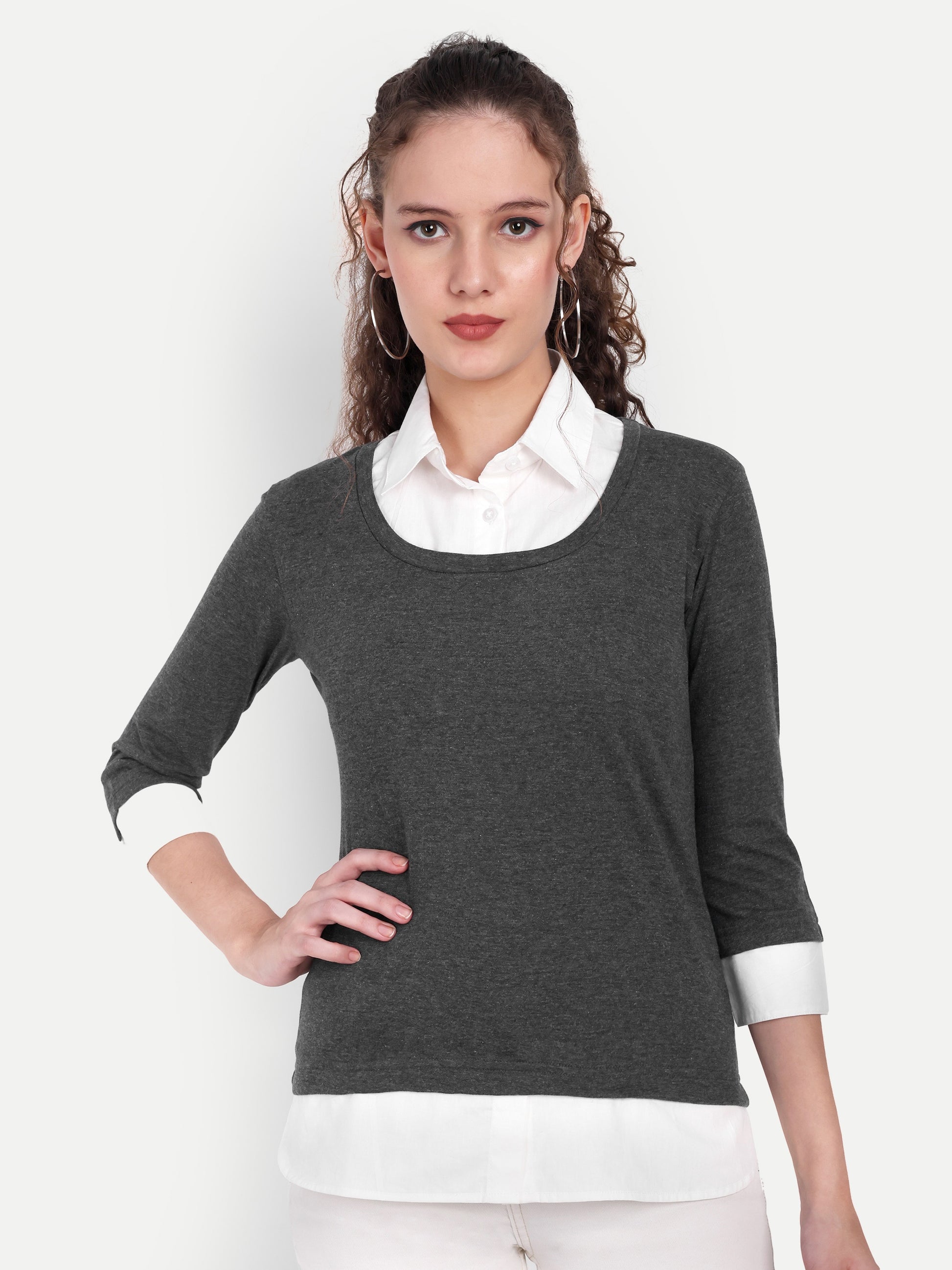 Women's Grey Layered Look Top with White Shirt Collar & 3/4 Sleeves
