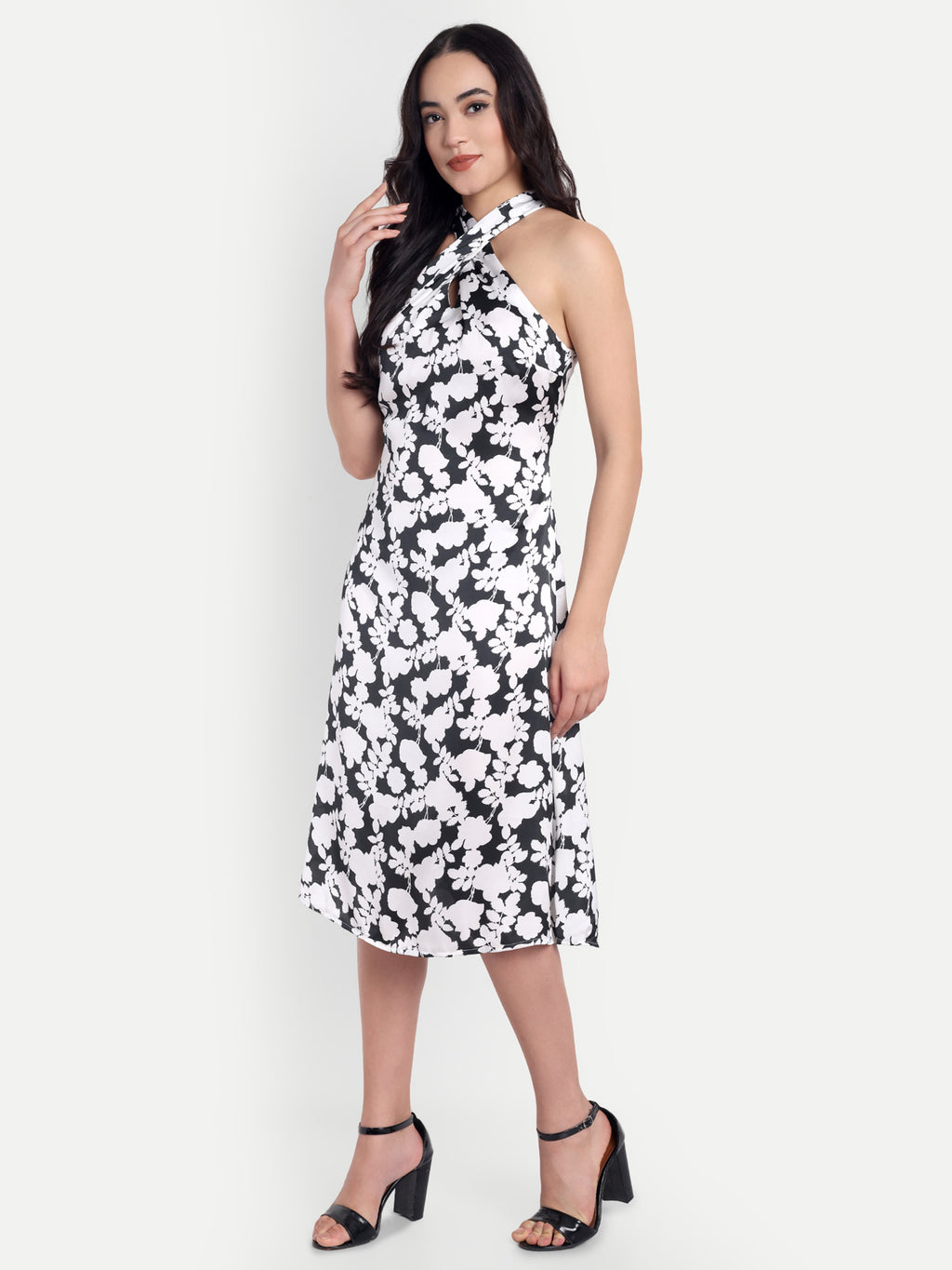 Women's Black & White Floral Halter Neck Midi Dress | Elegant Sleeveless Party Wear