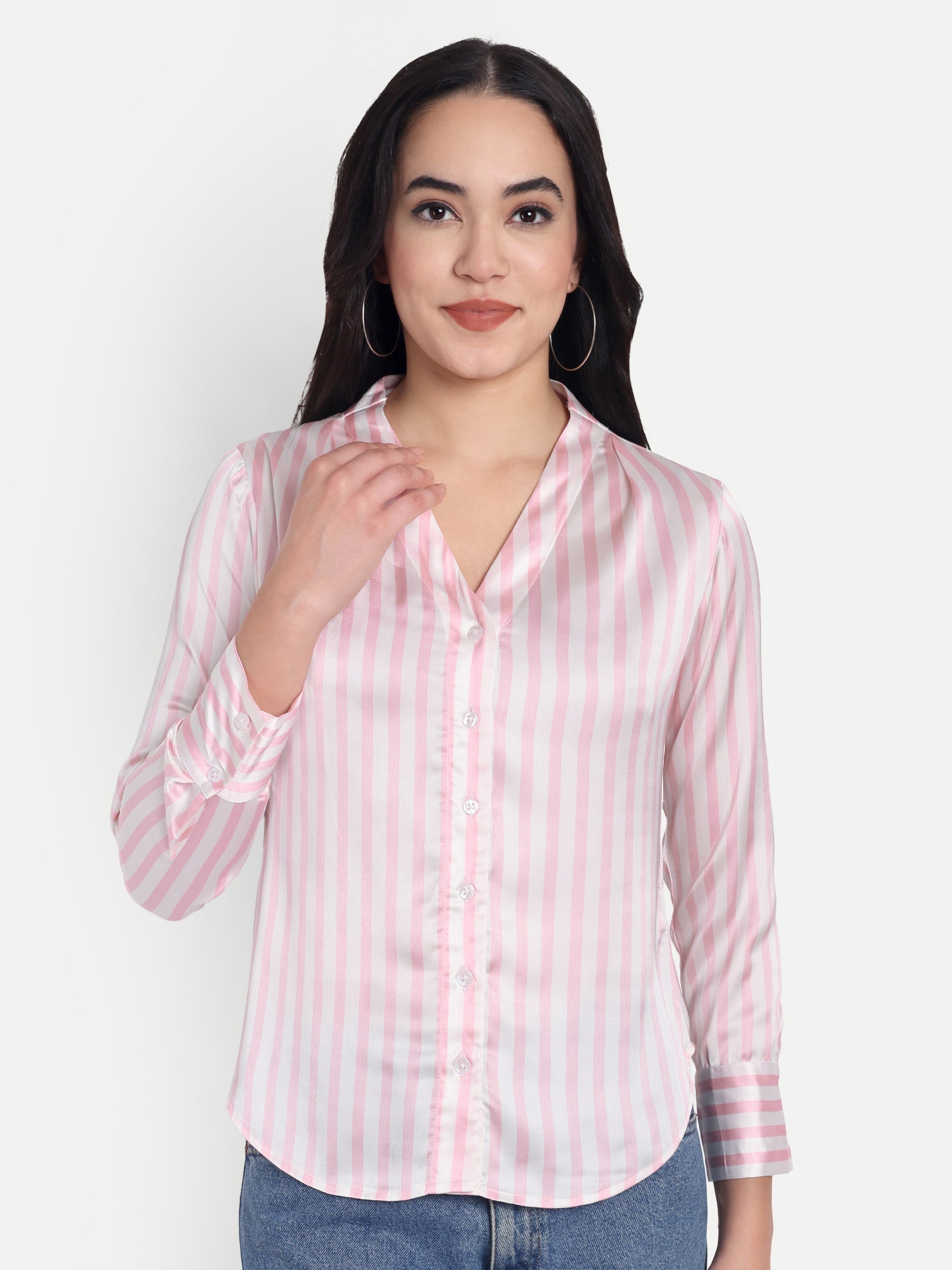 Women's Pink & White Striped Button-Down Shirt – Long Sleeve | Casual & Office Wear