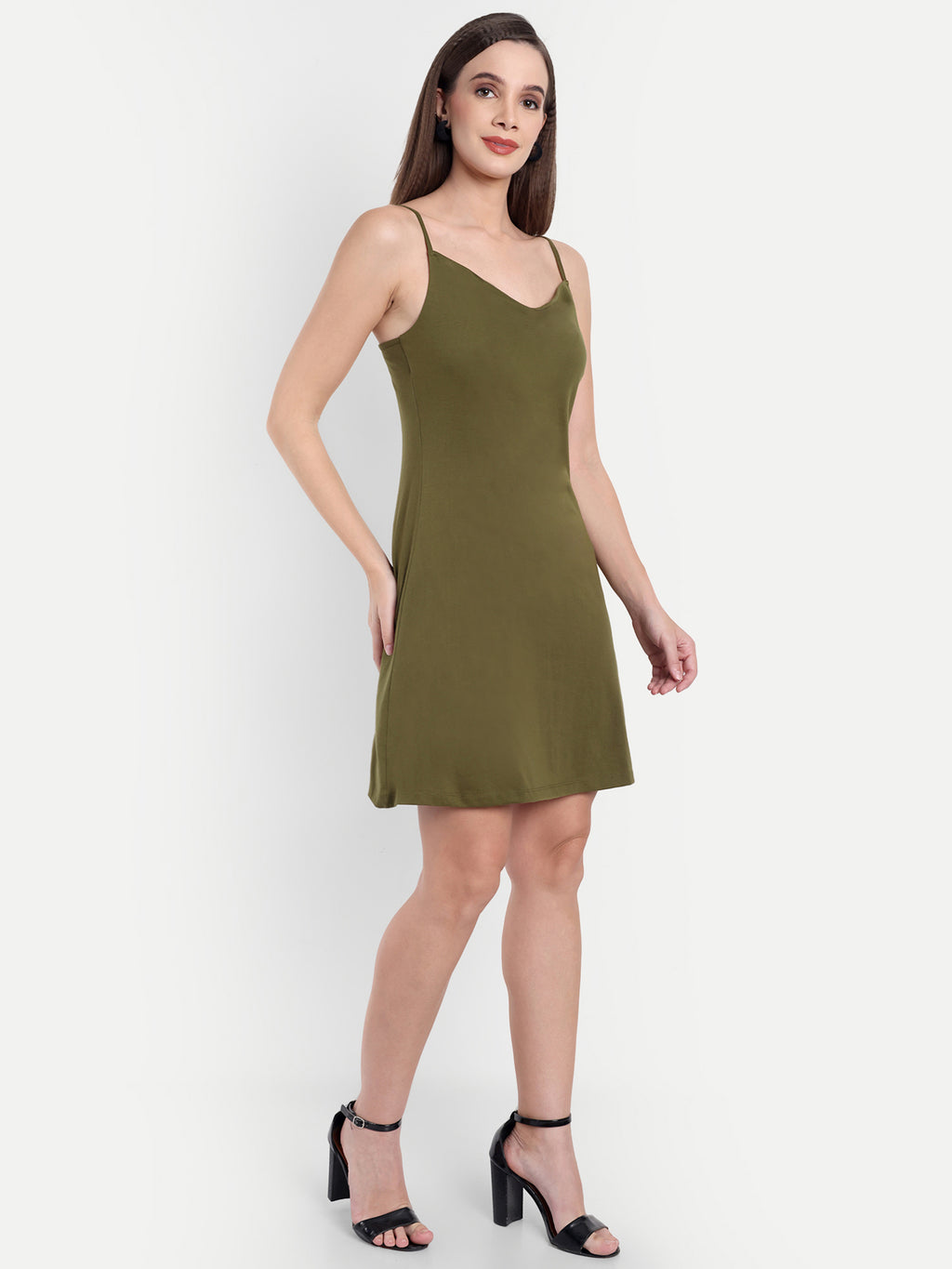 Women's Olive A-Line Mini Dress | Sleeveless Cowl Neck | Casual & Party Wear