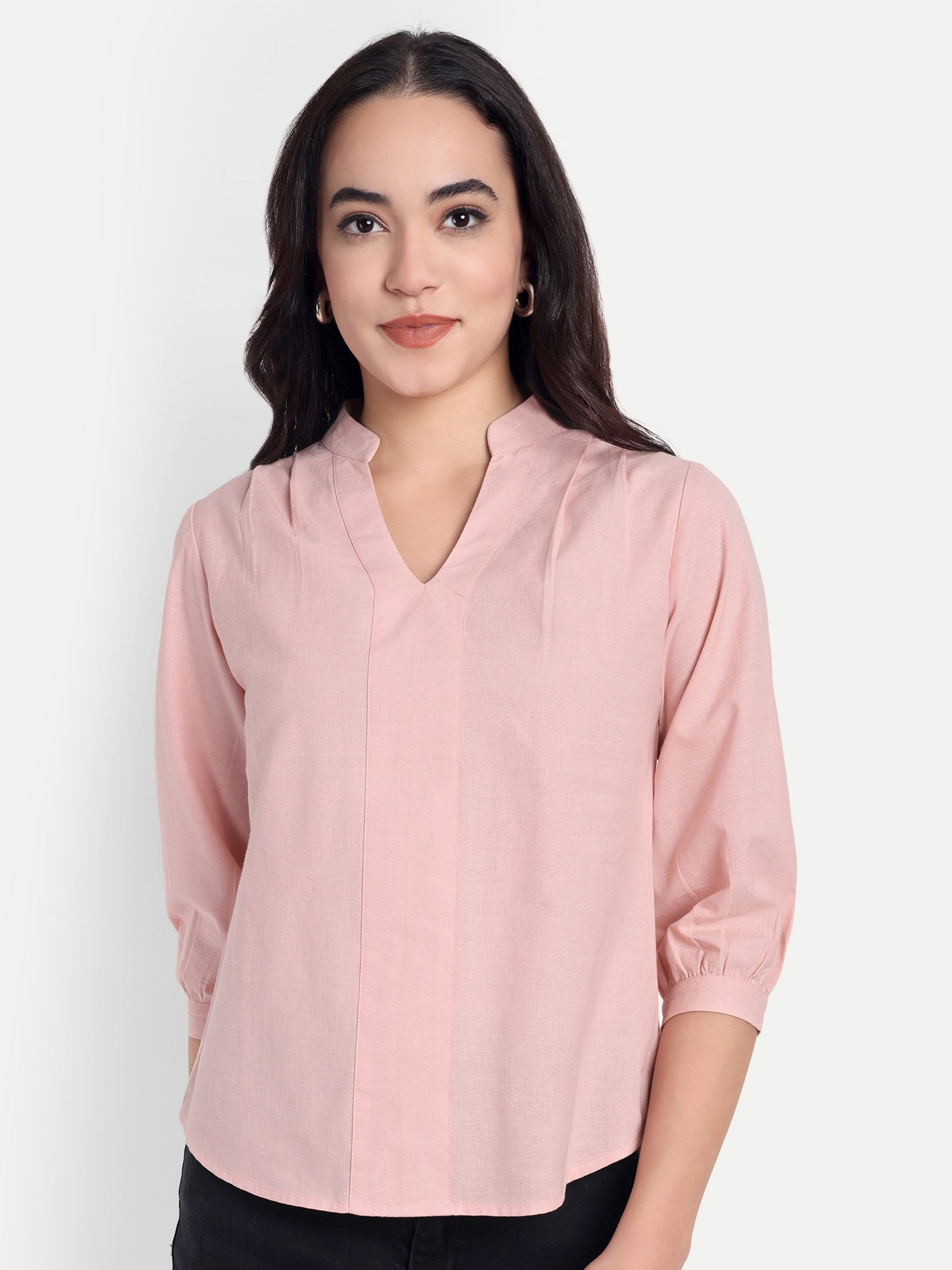 Women's Baby Pink V-Neck 3/4 Sleeve Top | Lightweight Cotton Blend | Elegant Everyday Wear