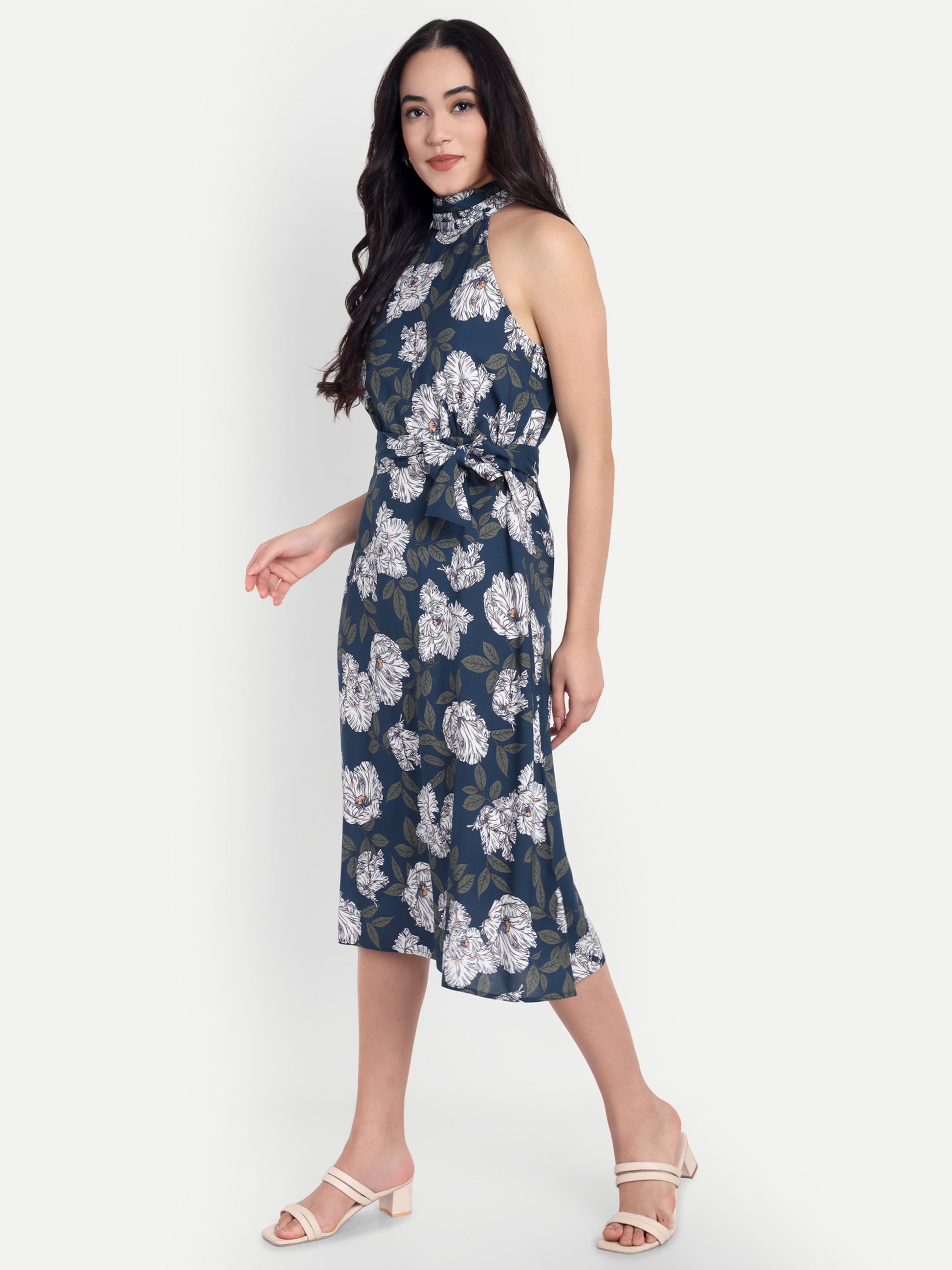 Women's Black & White Floral Halter Neck Midi Dress | Belted Waist | Resort & Summer Wear