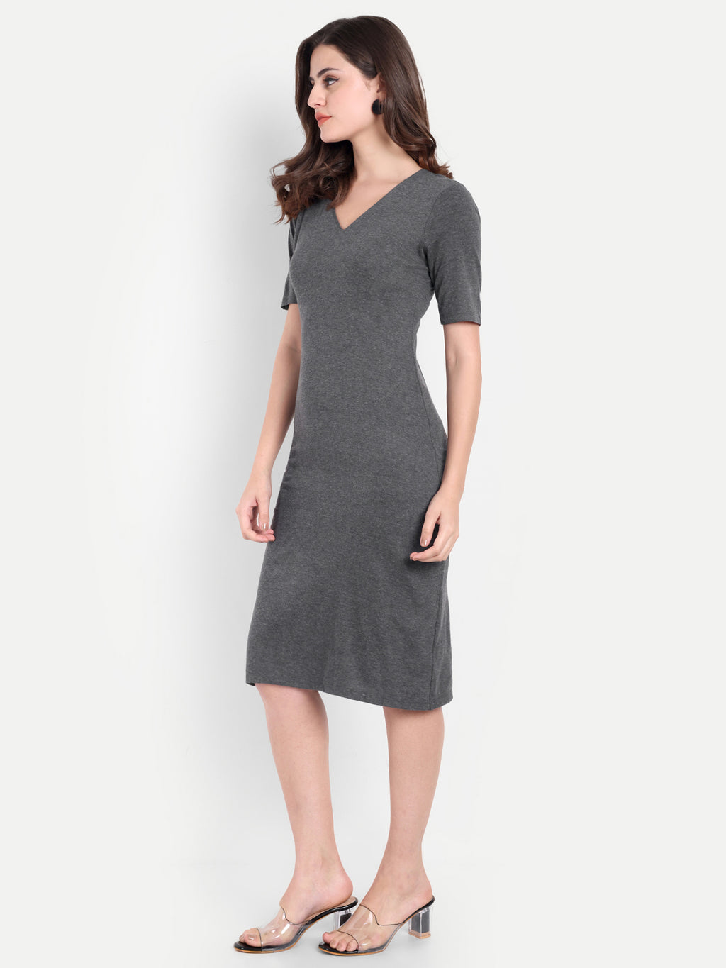 Women's Grey Bodycon Midi Dress | V-Neck | Half Sleeve | Casual & Office Wear