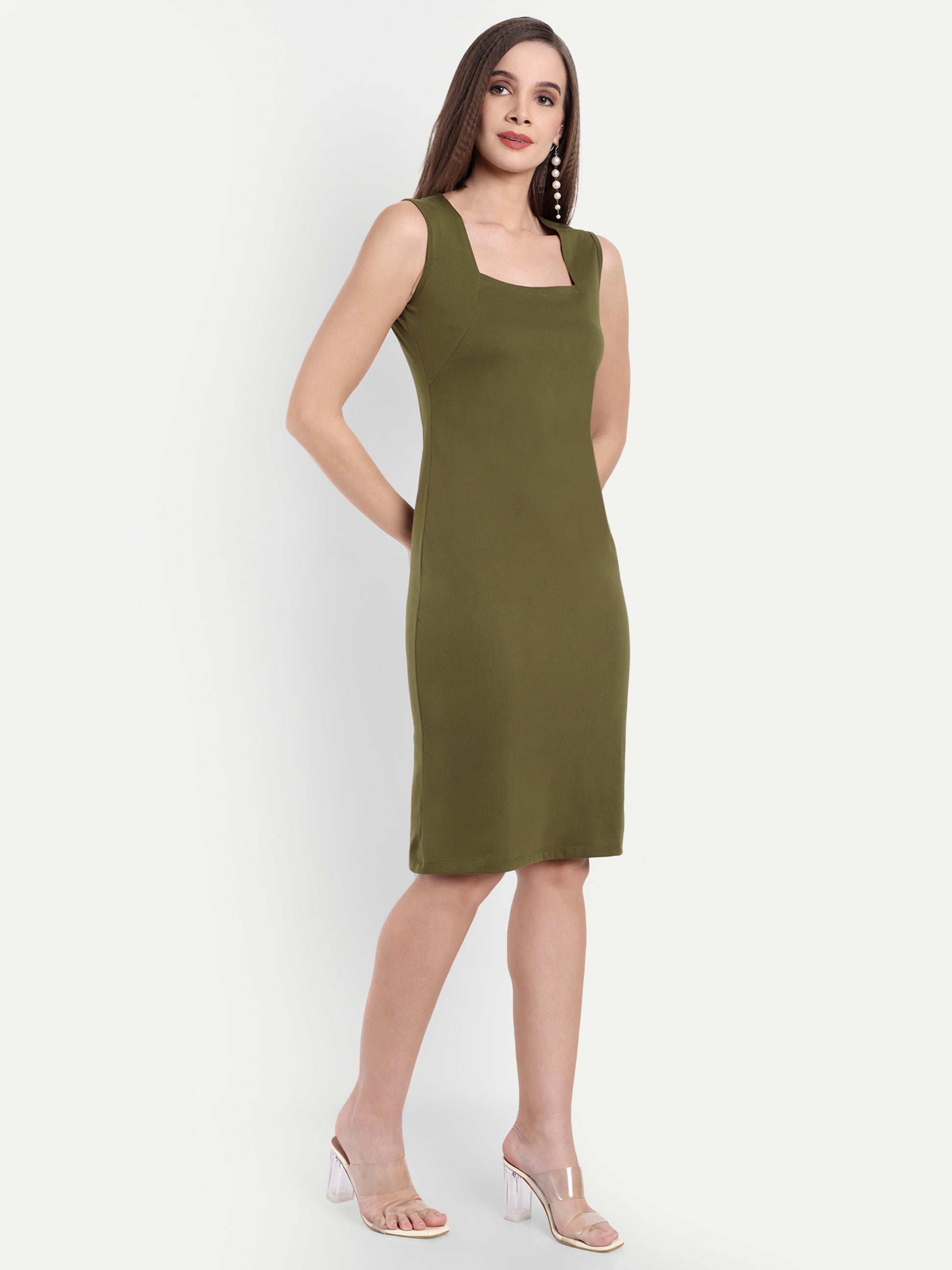 Women's Olive Sleeveless Bodycon Midi Dress | Square Neck | Casual & Party Wear