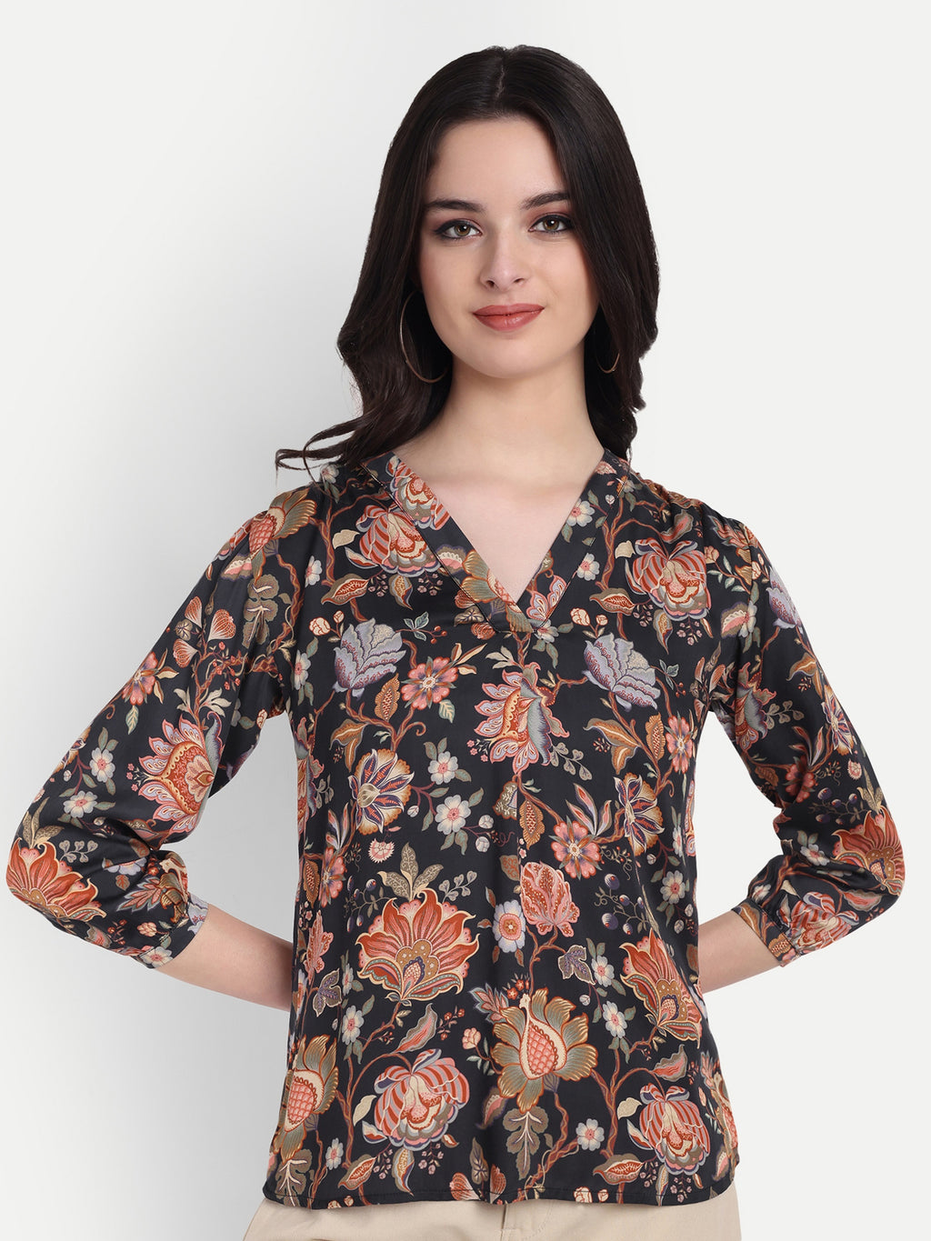 Women's  Black Floral Print V-Neck Top | 3/4 Sleeves | Stylish Casual & Party Wear