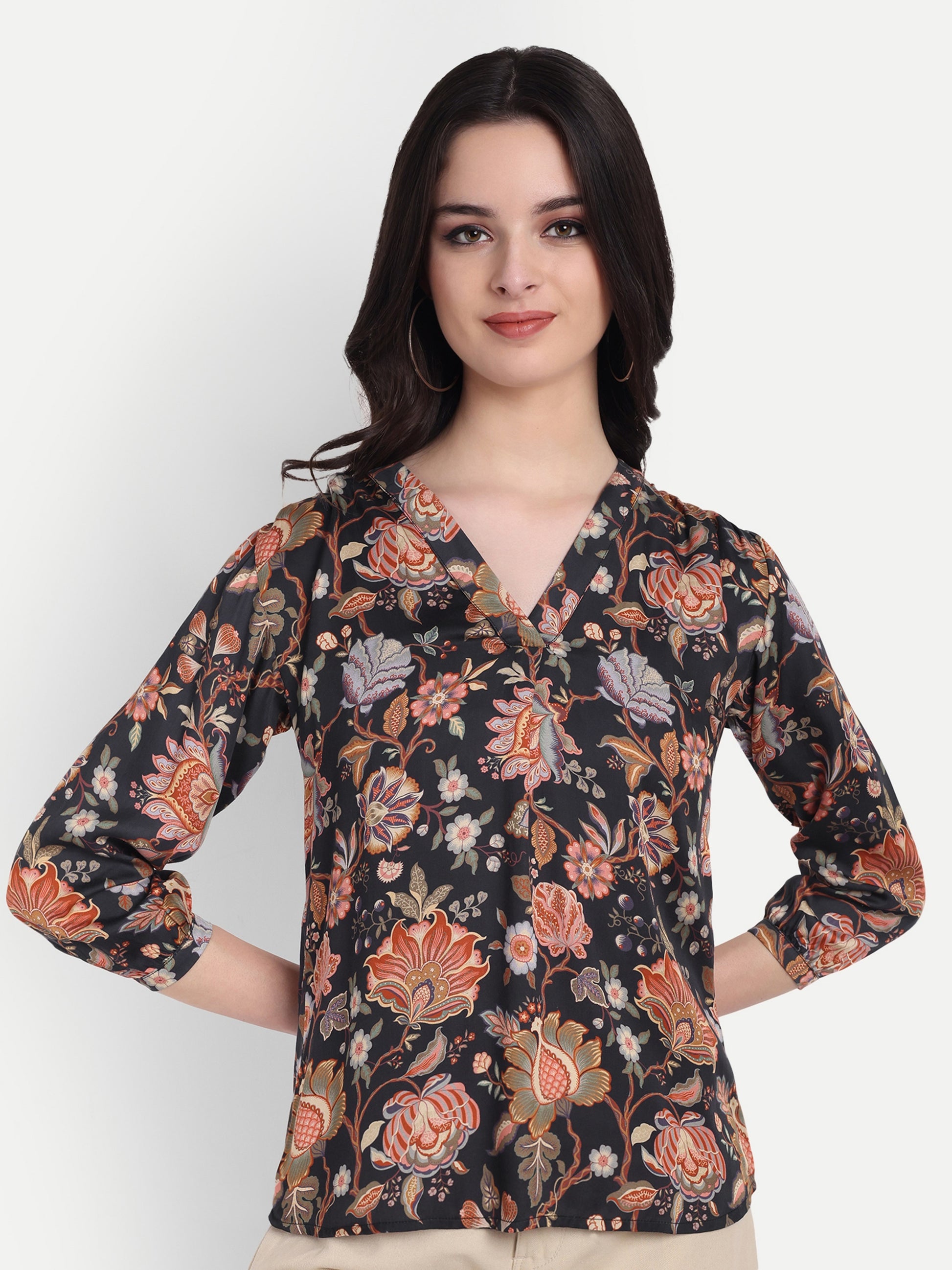 Women's  Black Floral Print V-Neck Top | 3/4 Sleeves | Stylish Casual & Party Wear
