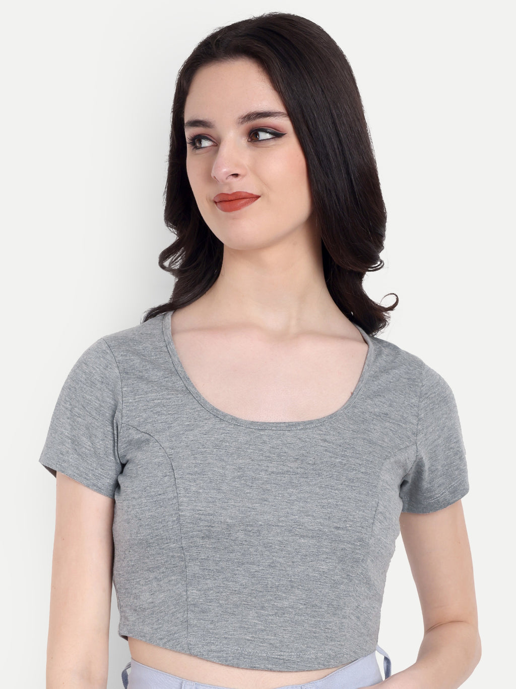Women's Grey Crop Top with Scoop Neck & Short Sleeves