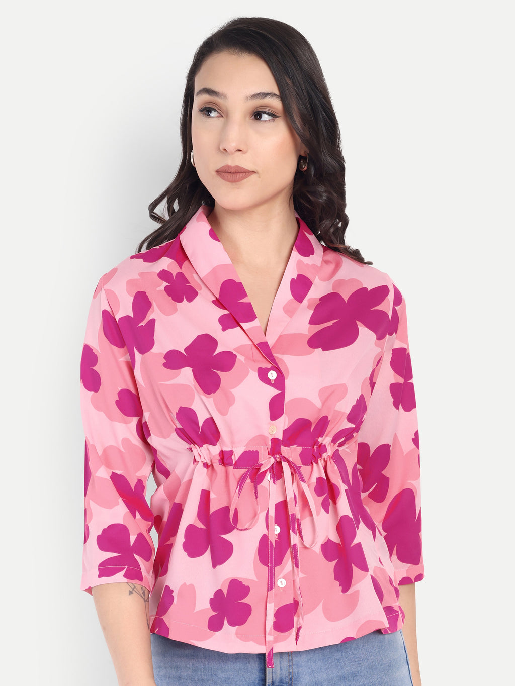 FairLeaf Women's Collar Top with Button – |100% Pure Cotton|Light weight Pink Color Top Relaxed Fit Floral Print – Stylish Casual Summer Western Wear for Women