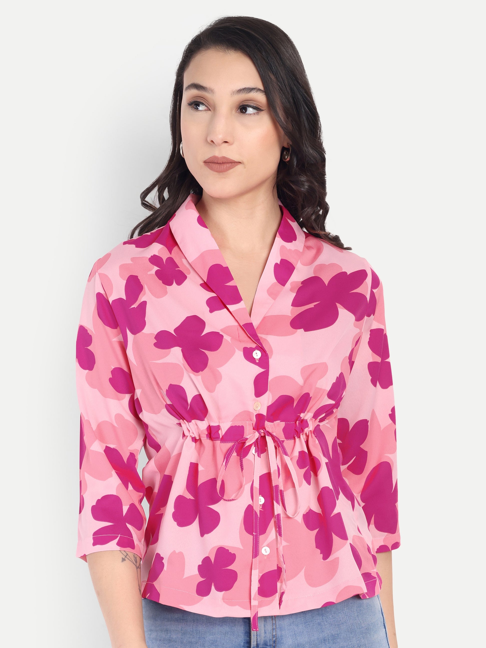 FairLeaf Women's Collar Top with Button – |100% Pure Cotton|Light weight Pink Color Top Relaxed Fit Floral Print – Stylish Casual Summer Western Wear for Women