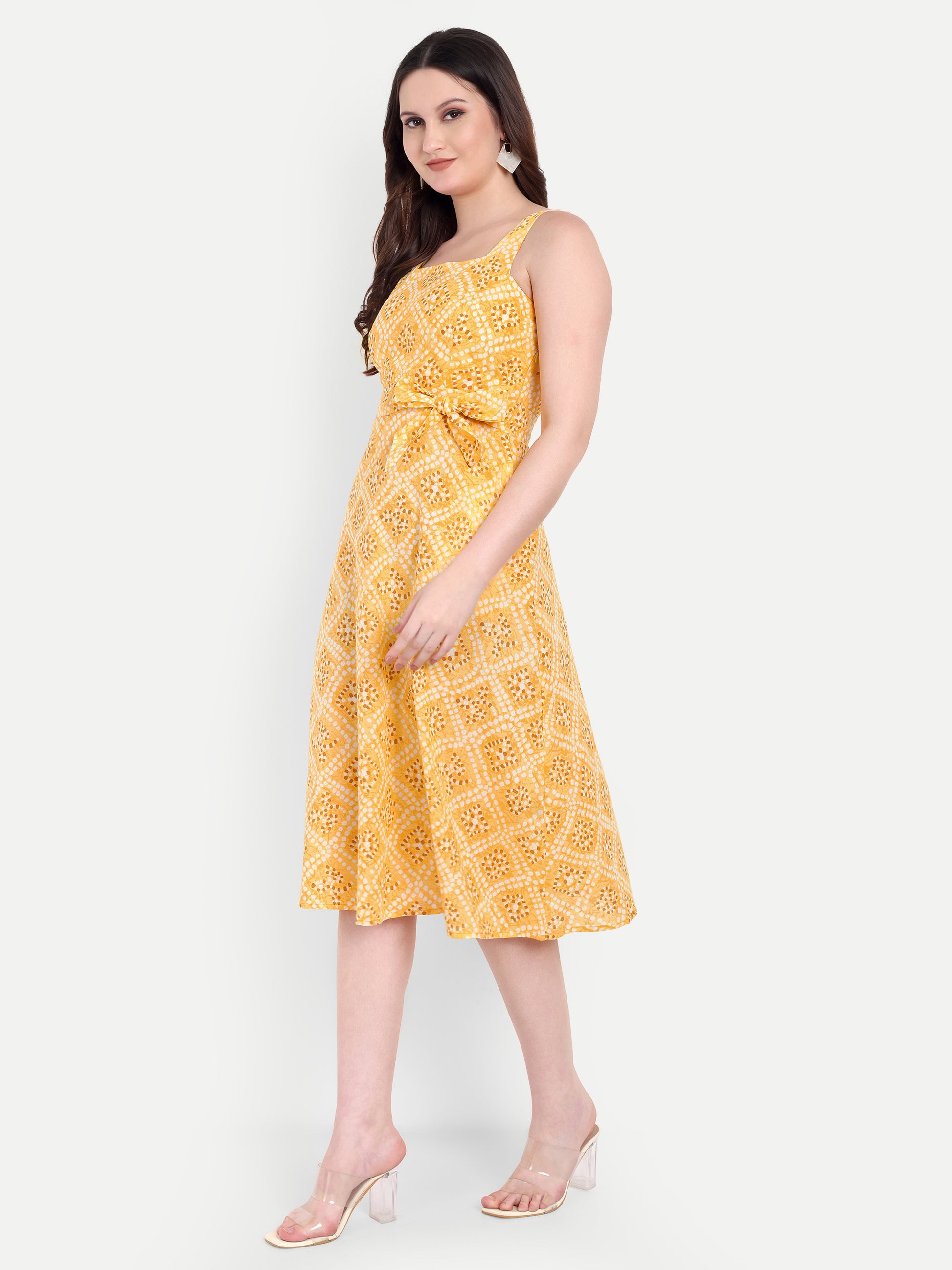 Women's yellow Floral Midi Dress with Square Neck & Side Pockets | Summer Casual Wear (Copy)