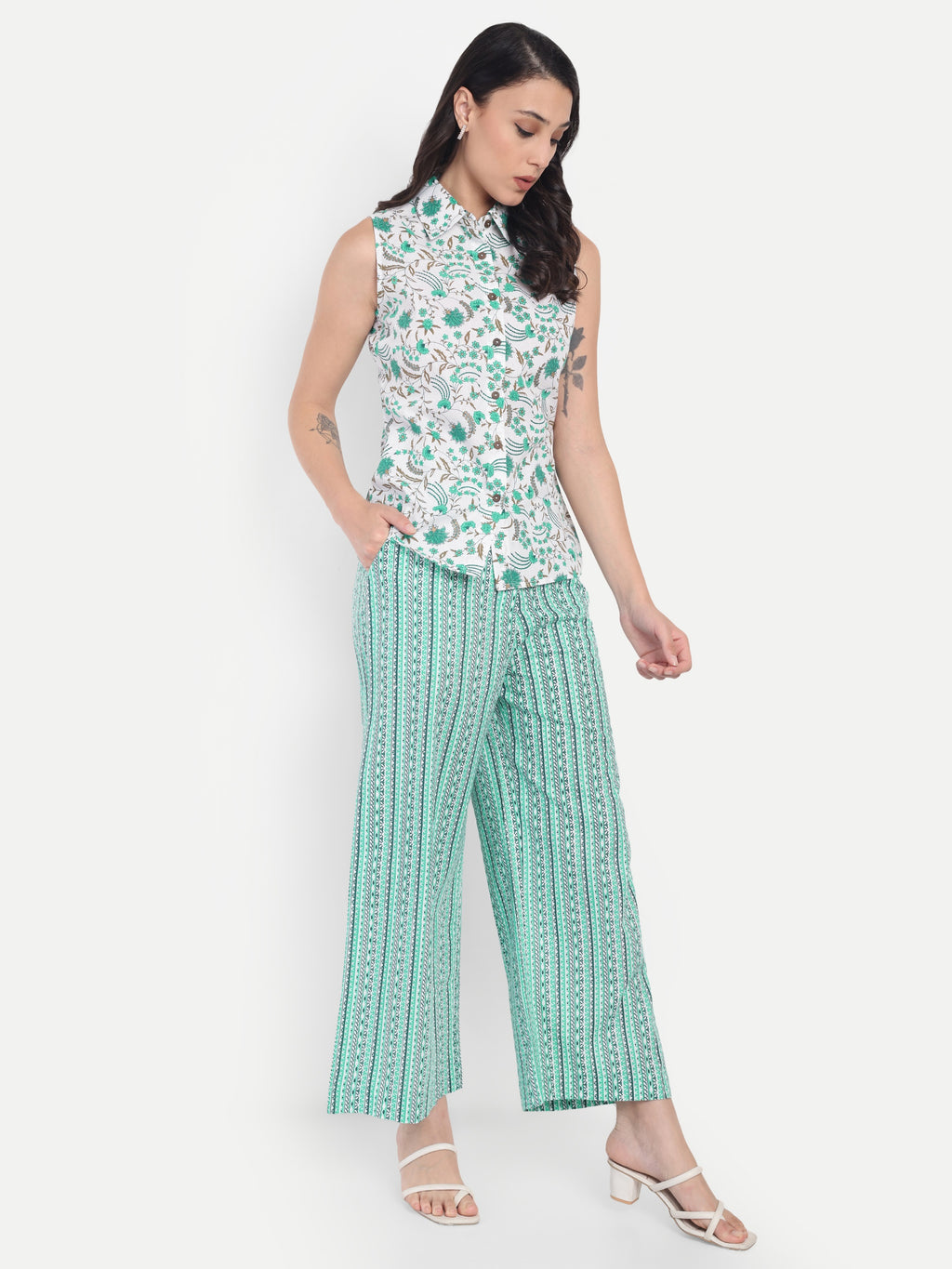 Women's White & Green Floral Sleeveless Shirt with Pink Printed Wide-Leg Pants | Comfortable Summer Co-ord Set