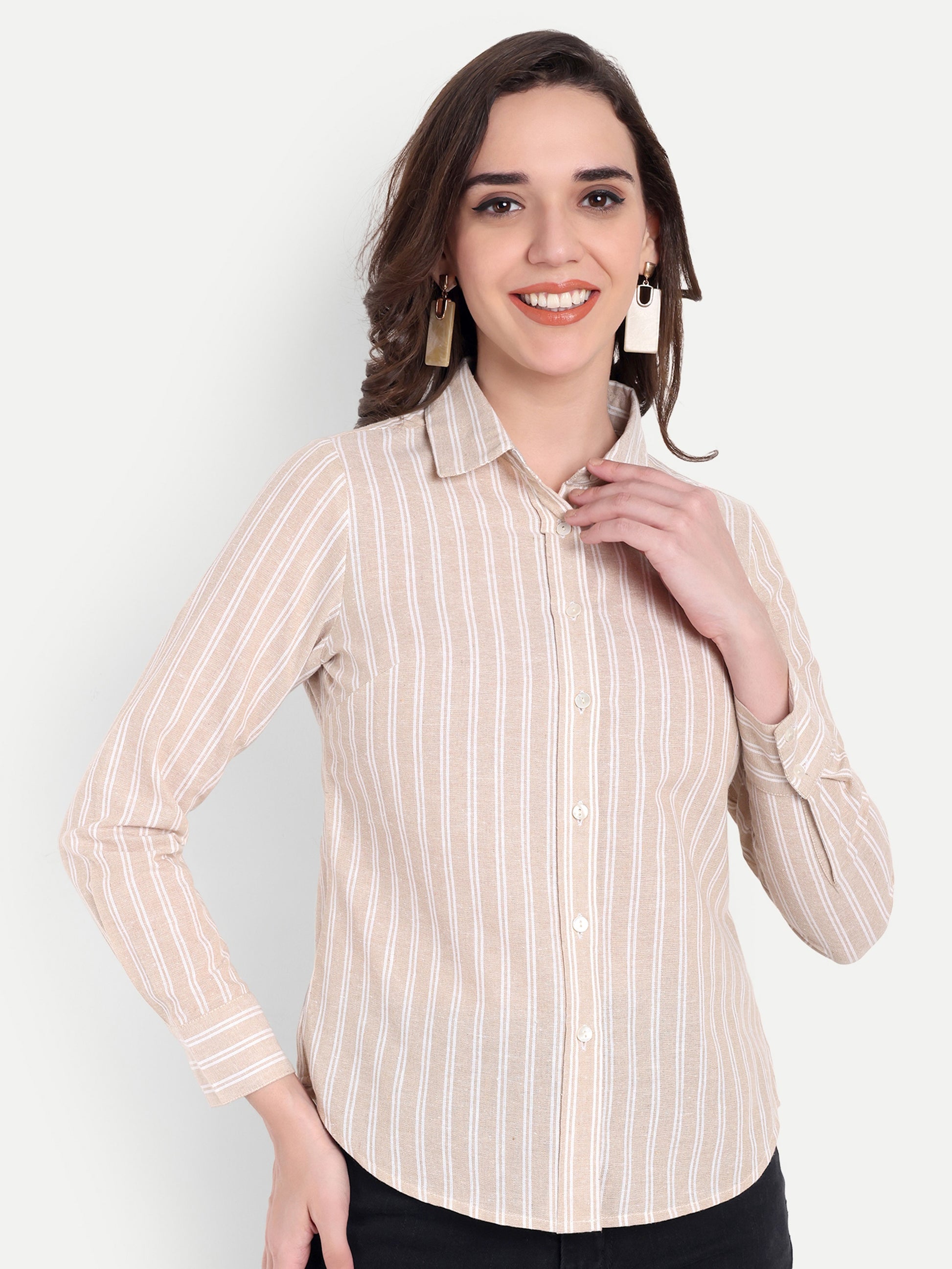 Women's Beige & White Striped Button-Down Shirt – Long Sleeve | Casual & Office Wear