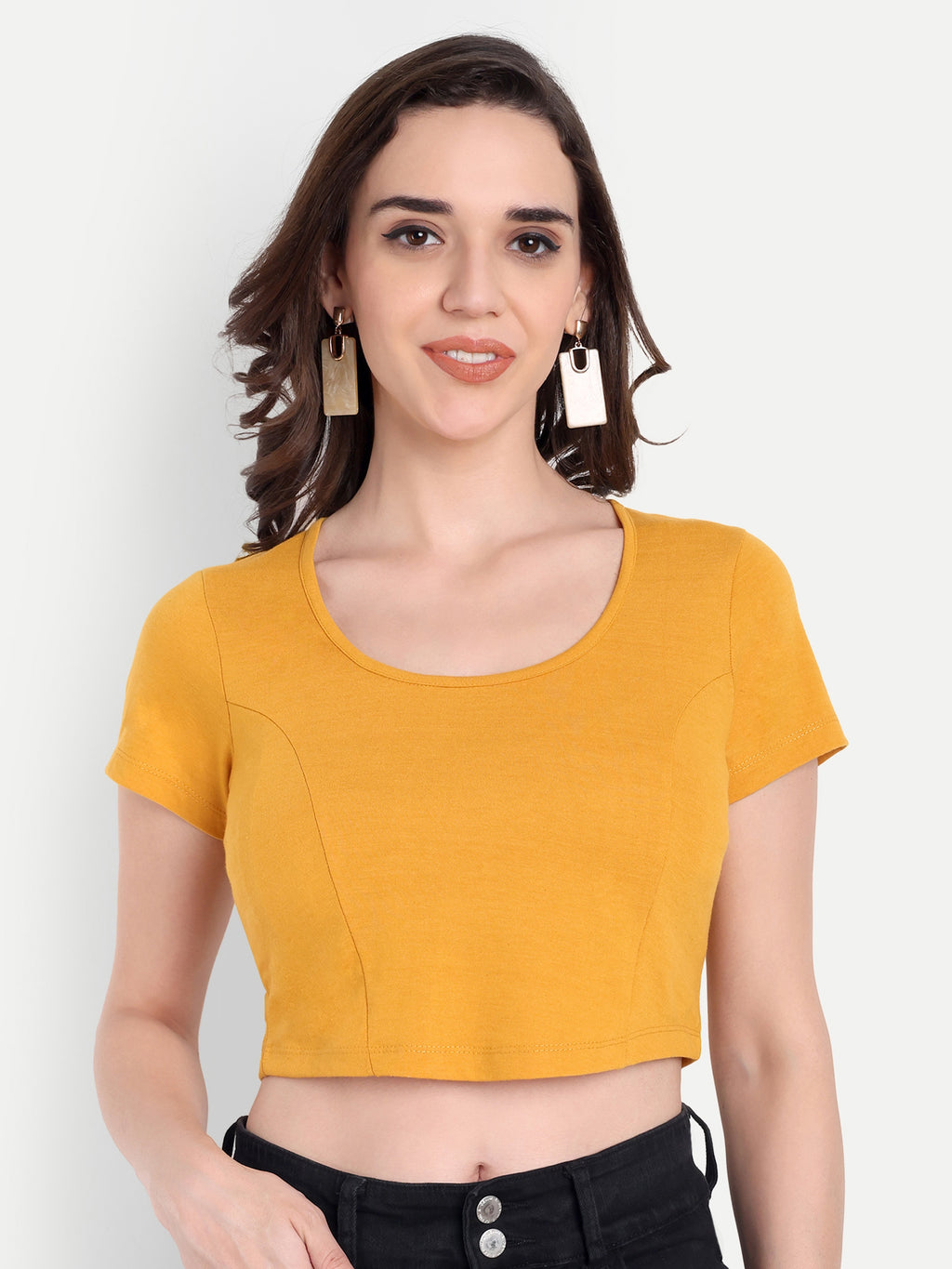 omen's Mustard Yellow Crop Top with Scoop Neck & Short Sleeves