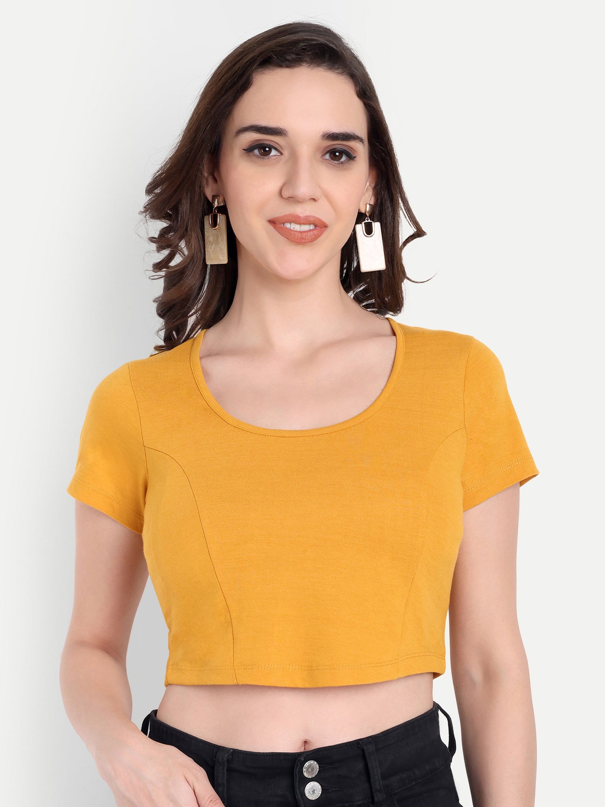 omen's Mustard Yellow Crop Top with Scoop Neck & Short Sleeves