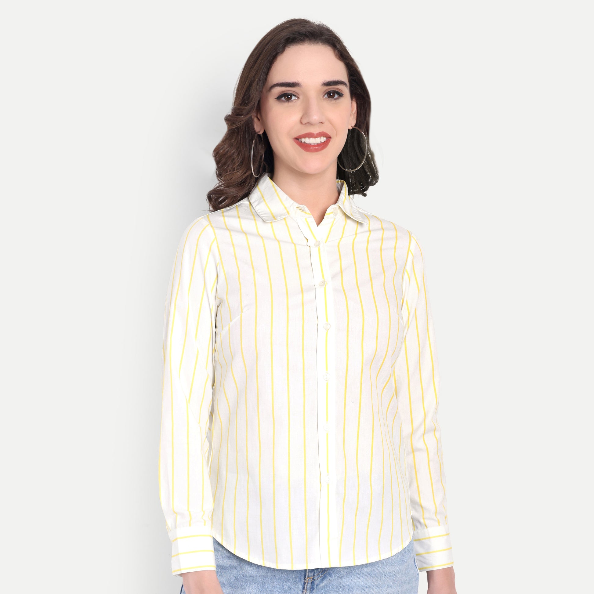 Women's White & Yellow Striped Button-Down Shirt – Long Sleeve | Casual & Office Wear