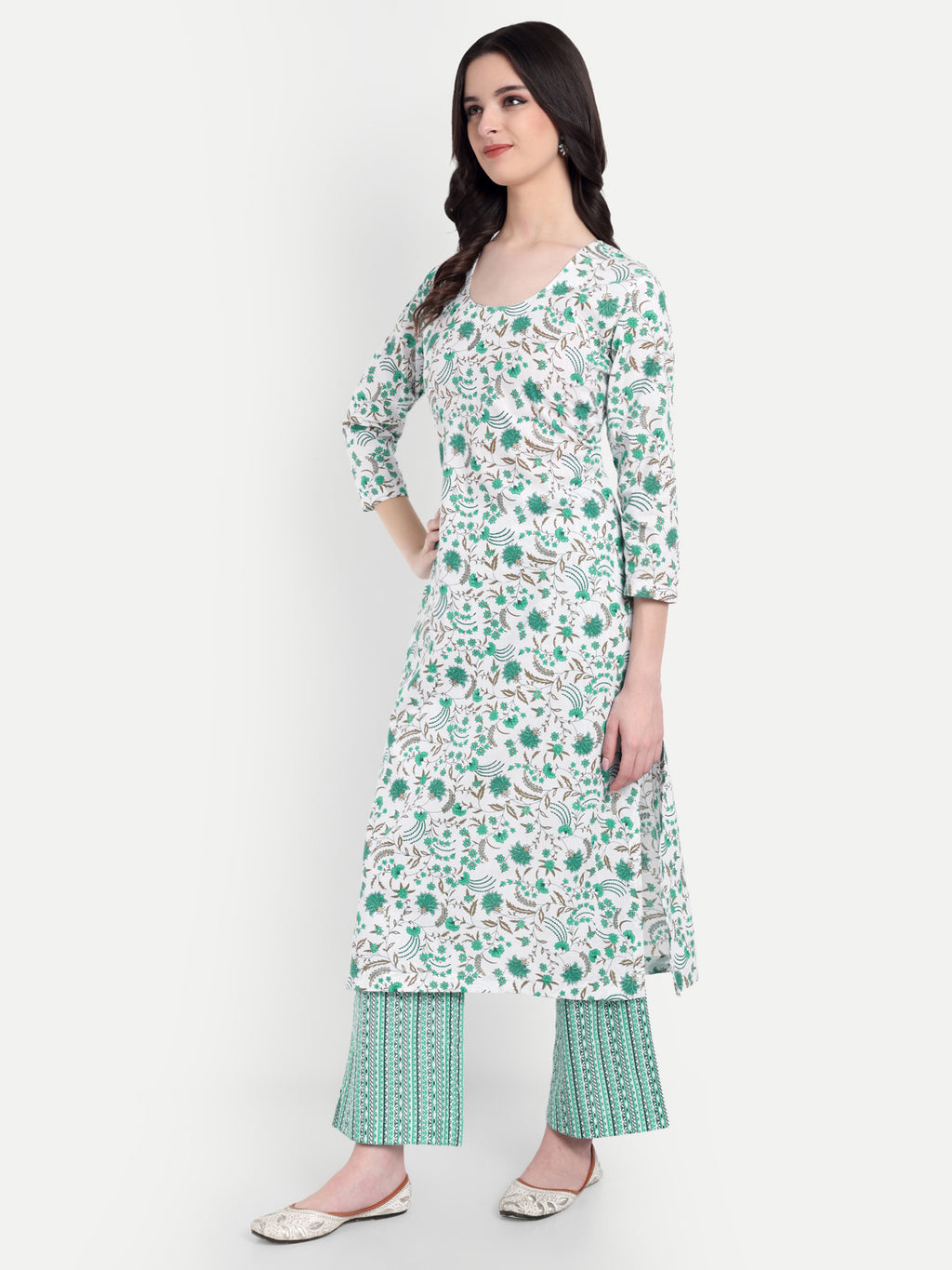 Women's White & Green Floral Printed Kurta with Straight Pants | Cotton Blend | Ethnic Wear