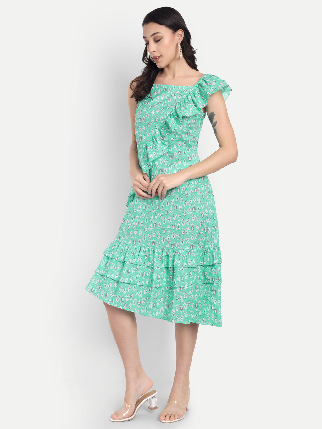 Women's Green Printed One-Shoulder Ruffle Dress | Sleeveless | Stylish Summer & Party Wear
