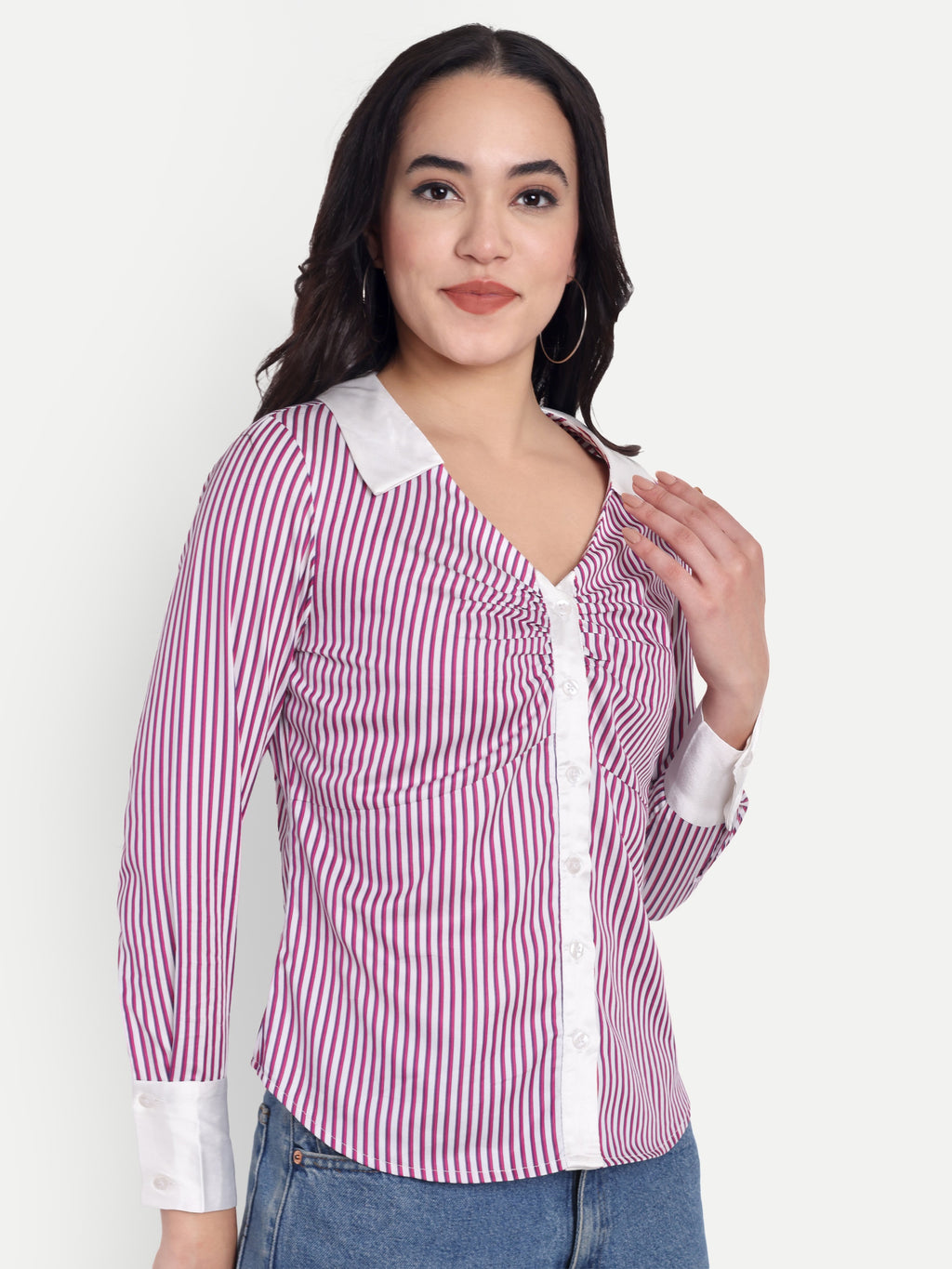 Women's Navy Purple & White Striped Button-Down Shirt – Long Sleeve | Smart Casual & Office Wear (Copy)