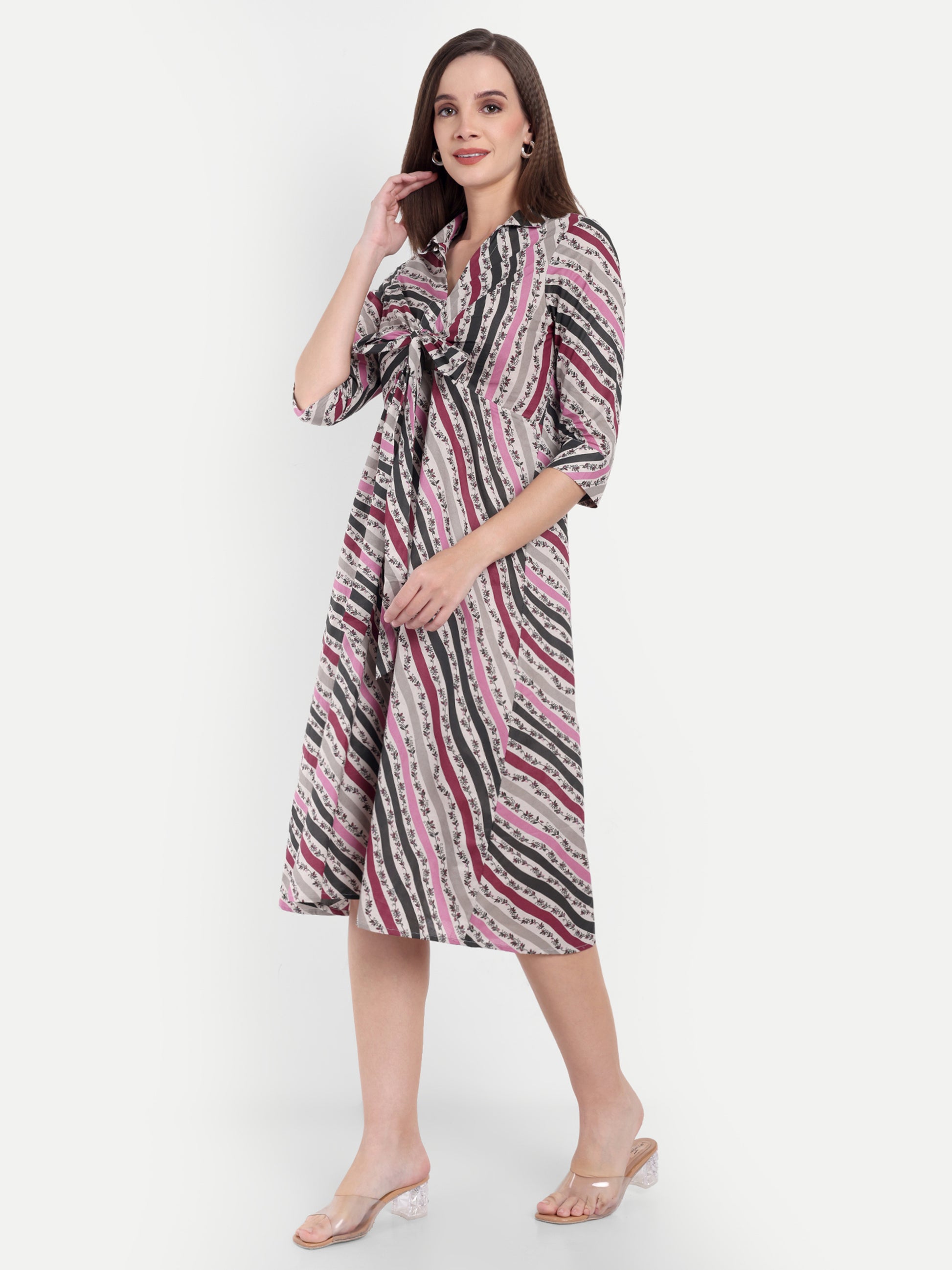 Women's Multicolor Striped Knee-Length Dress | Front Knot Detail | Casual & Party Wear