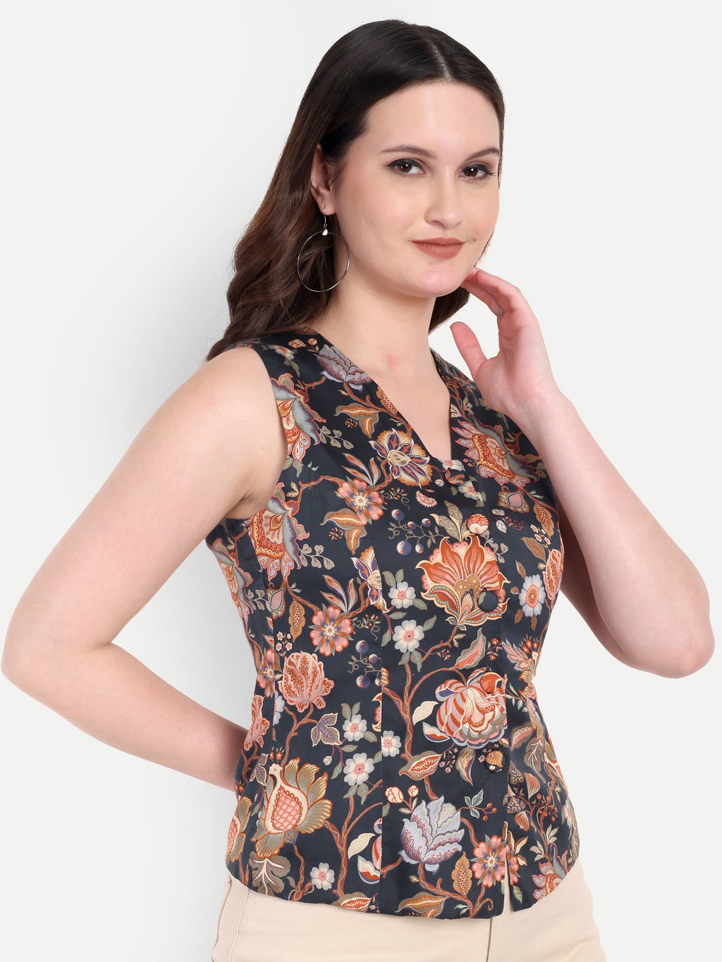 FairLeaf Women's V-Neck Sleeveless Waist Top – |100% Pure Cotton|Lightweight Relaxed Fit with Abstract Paisley Print – Stylish Casual for Women