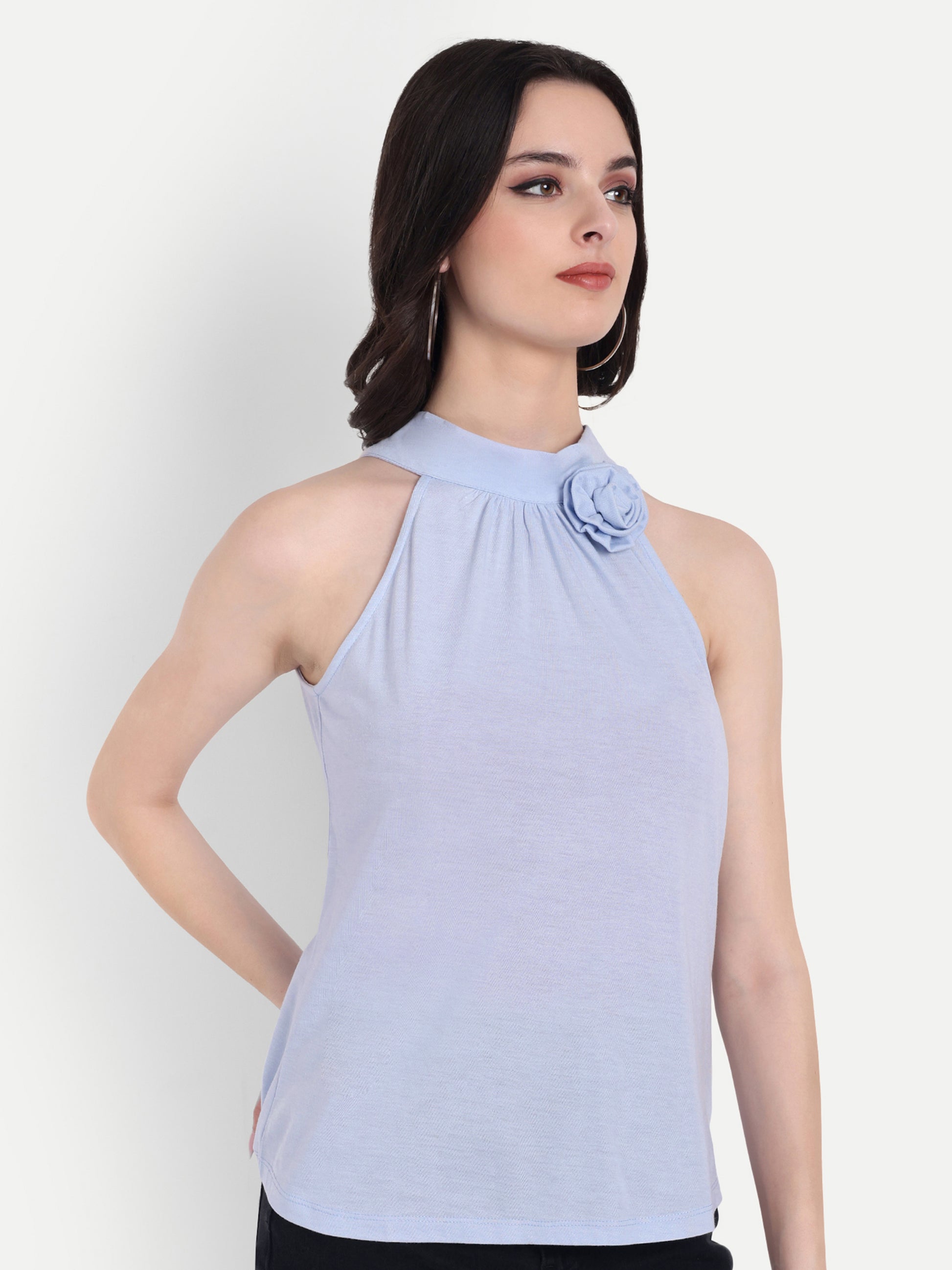 Women's Light Blue Halter Floral Note Neck Sleeveless Top | Casual & Party Wear (Copy)