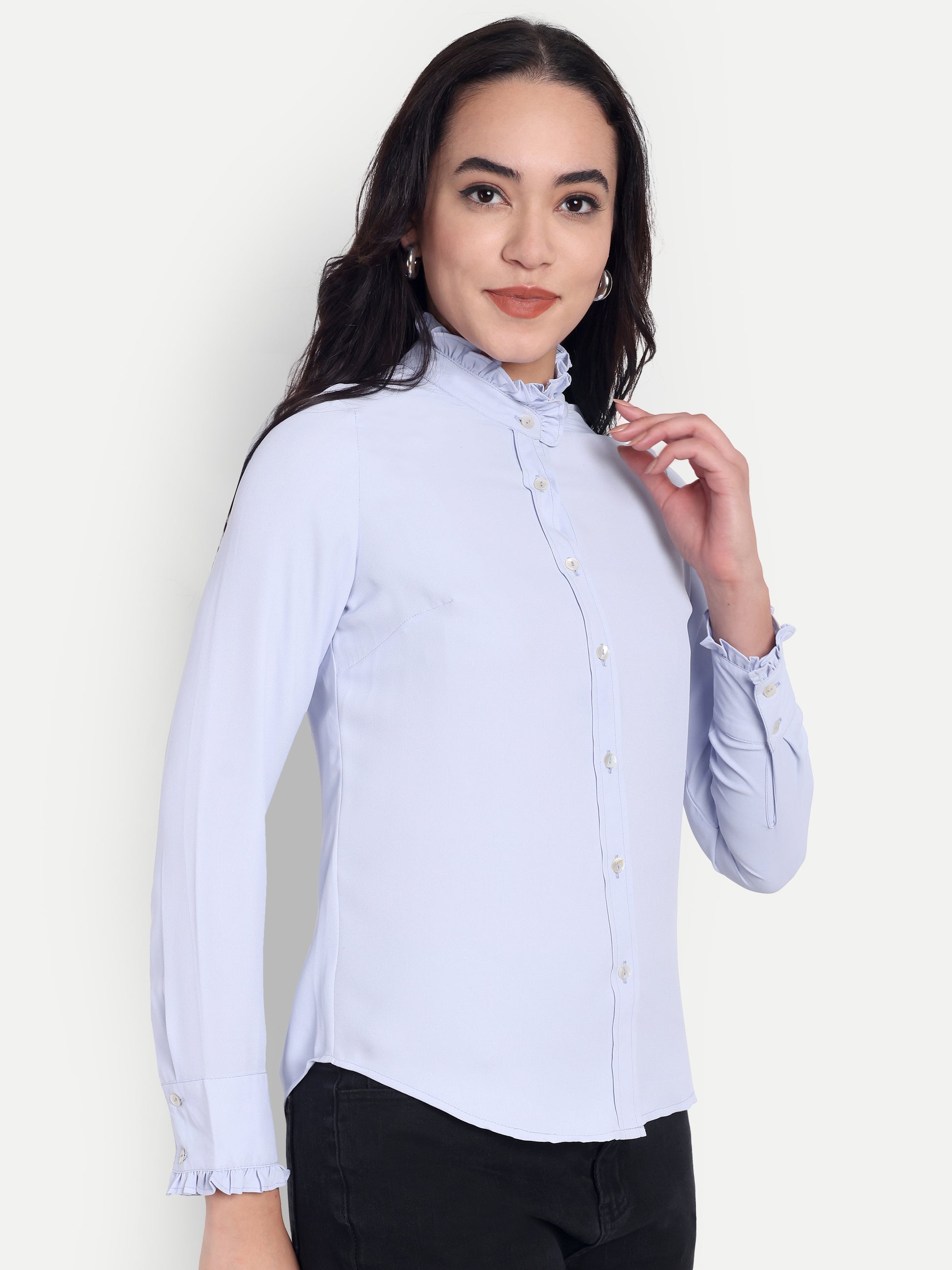 Women's Light Blue Ruffle Collar Shirt | Elegant Formal & Casual Top with Long Sleeves
