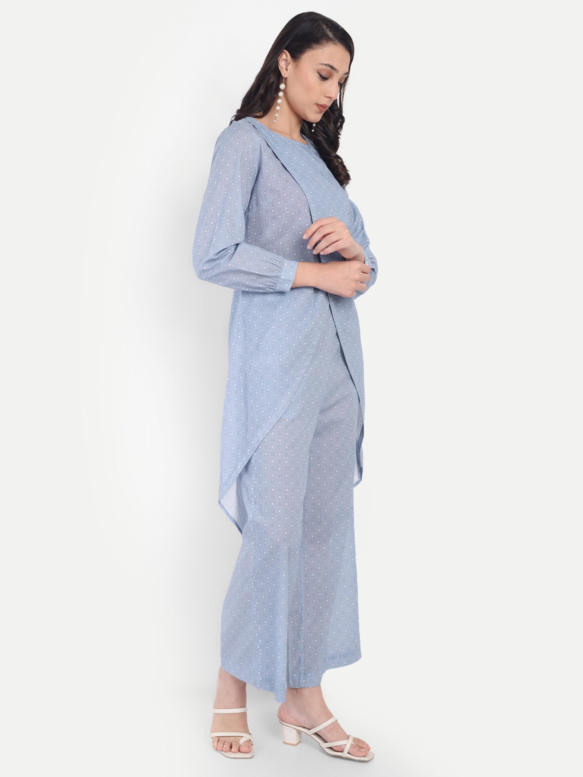 Women's Blue Dotted Printed Ethnic Co-ord Set | Asymmetrical Long Kurta with Wide-Leg Pants