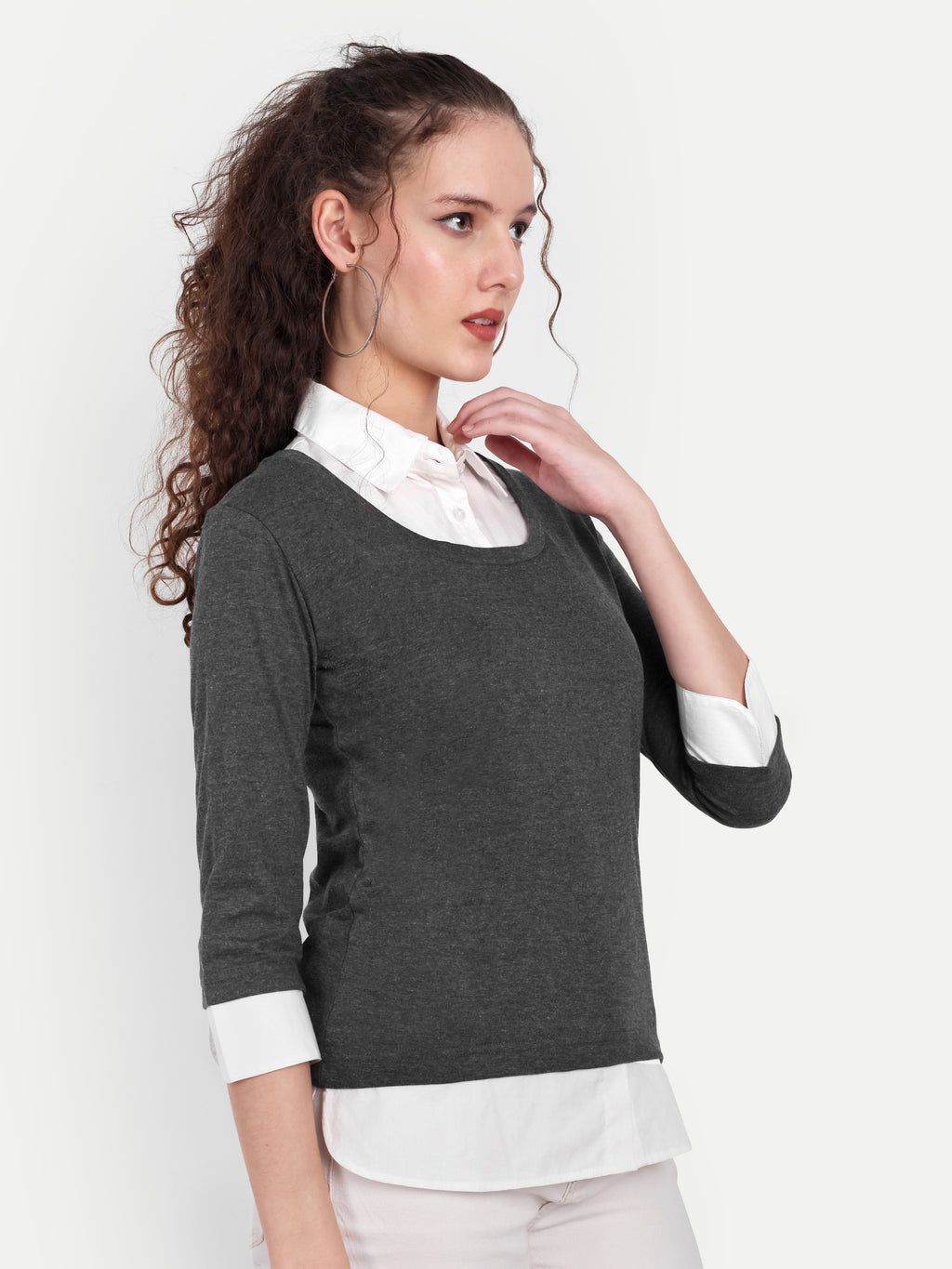 Women's Grey Layered Look Top with White Shirt Collar & 3/4 Sleeves