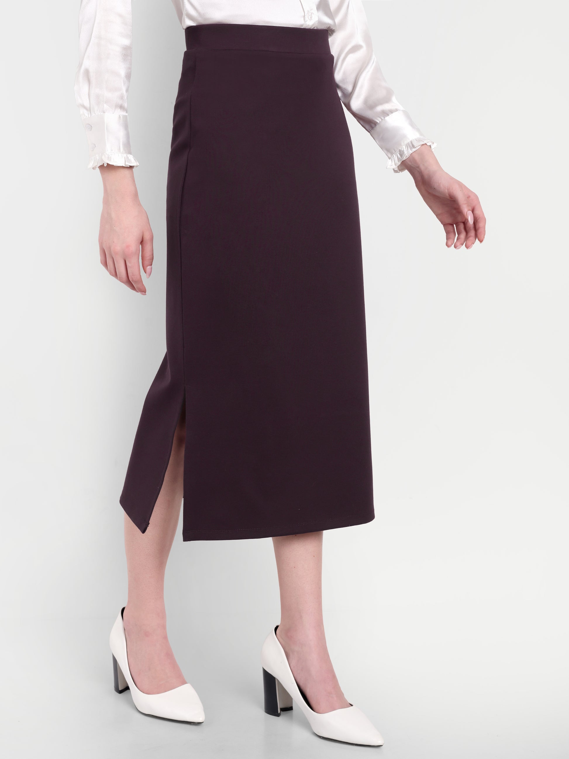 Women's dark Purple Midi Pencil Skirt with Side Slit – High Waist | Elegant Office & Party Wear