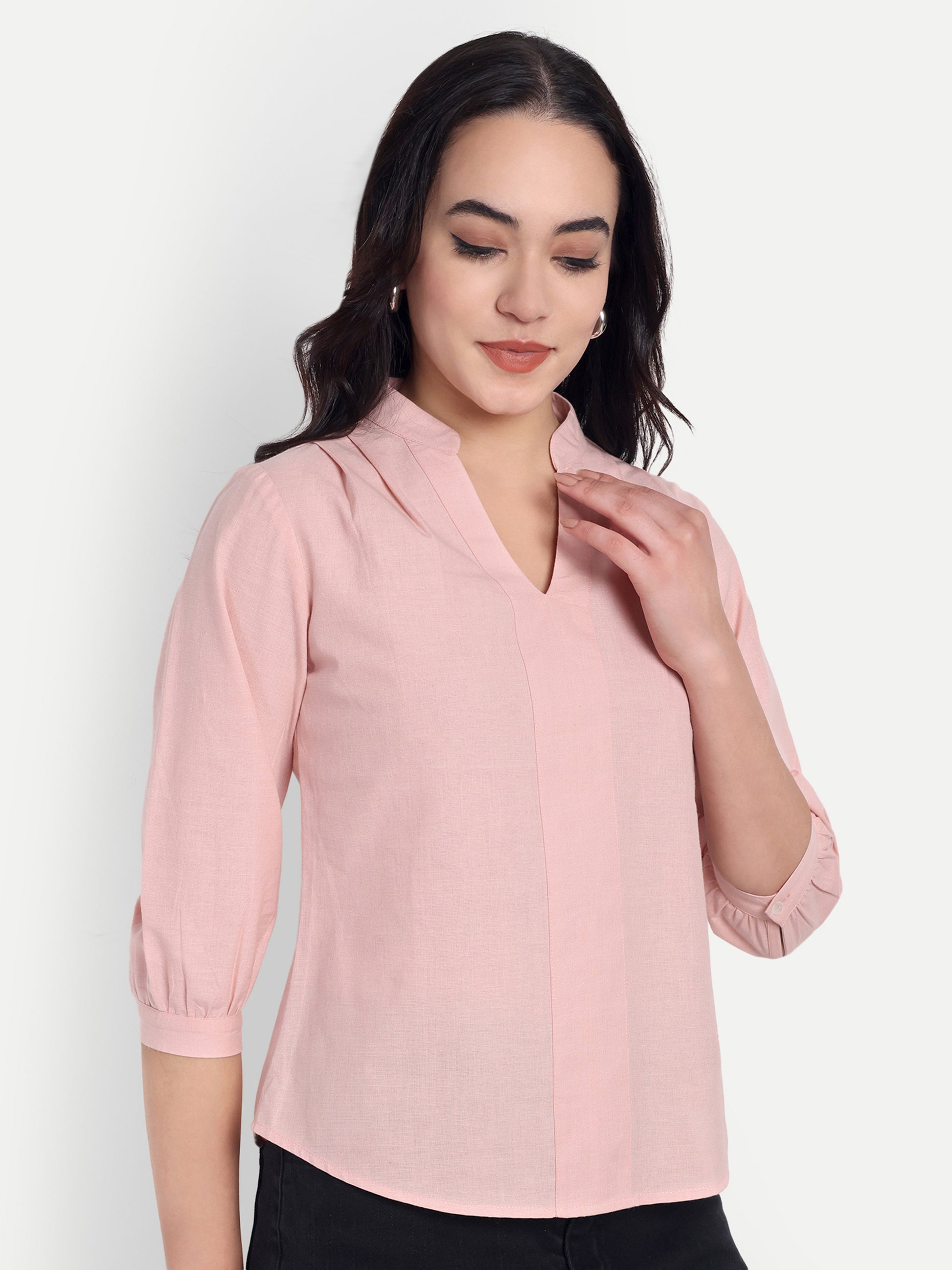 Women's Baby Pink V-Neck 3/4 Sleeve Top | Lightweight Cotton Blend | Elegant Everyday Wear