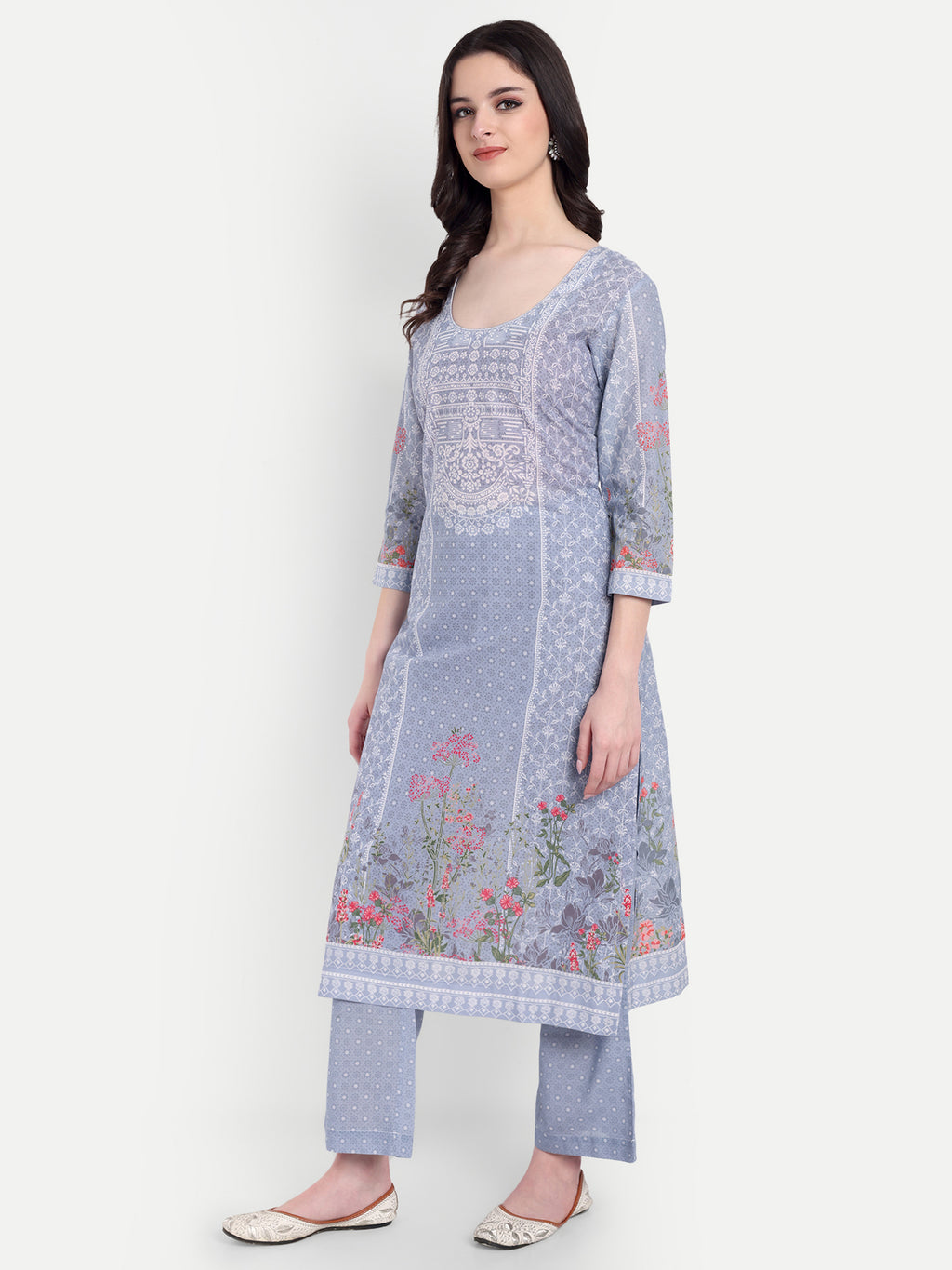 Women's Grey And White Floral Printed Kurta with Straight Pants | Cotton Blend | Ethnic Wear