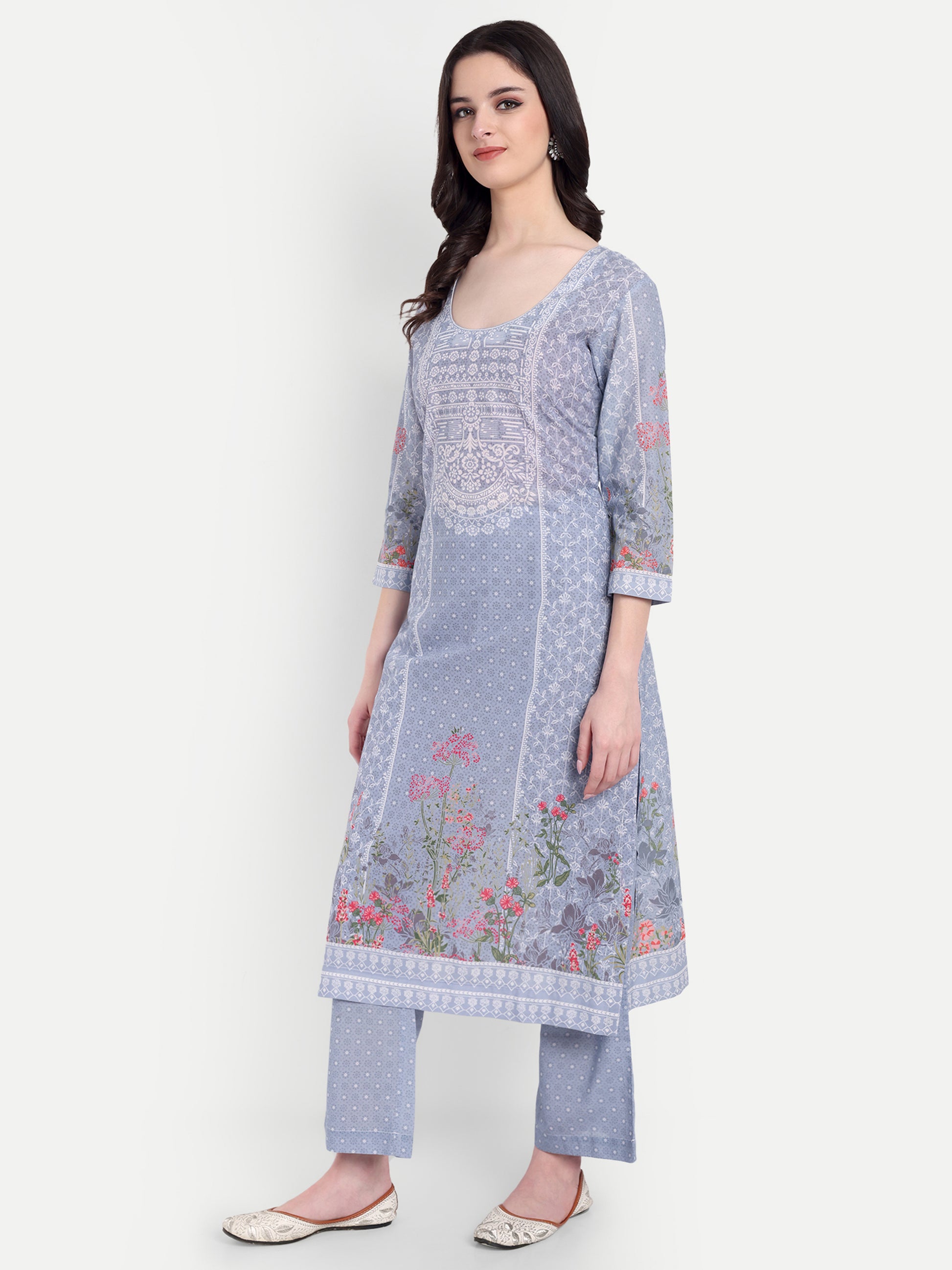 Women's Grey And White Floral Printed Kurta with Straight Pants | Cotton Blend | Ethnic Wear