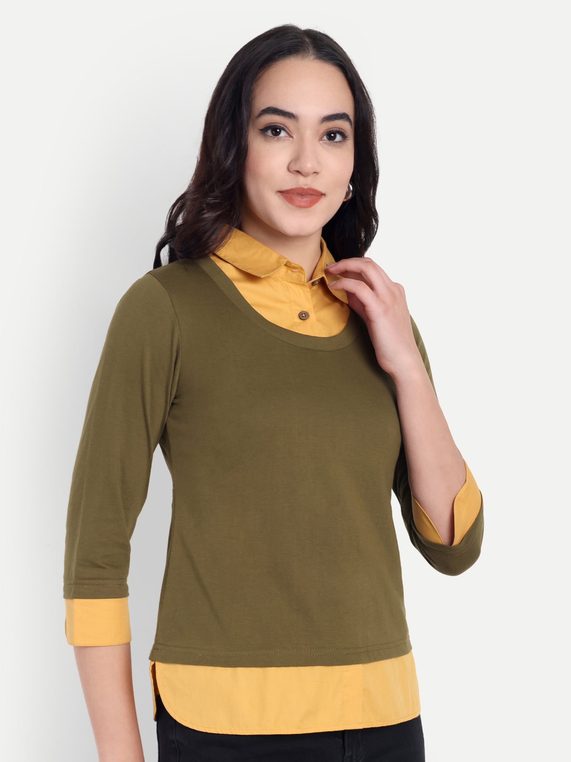 Women's Olive Layered Look Top with Orange Shirt Collar & 3/4 Sleeves