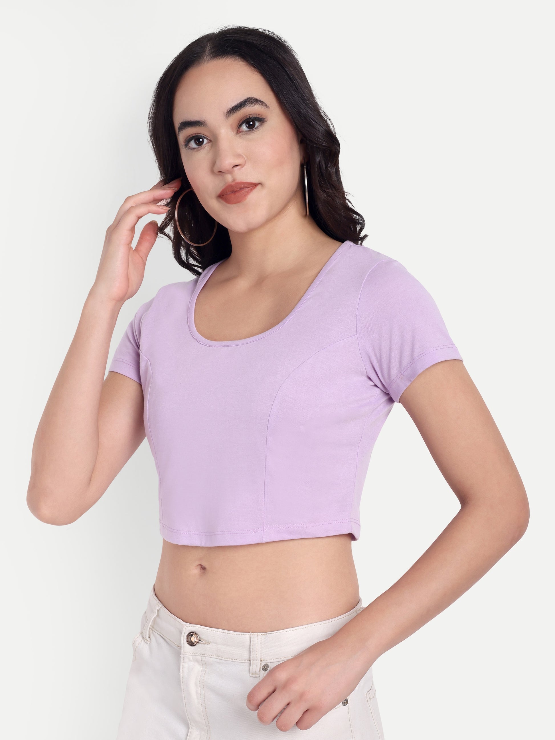 Women's Violet Crop Top with Scoop Neck & Short Sleeves