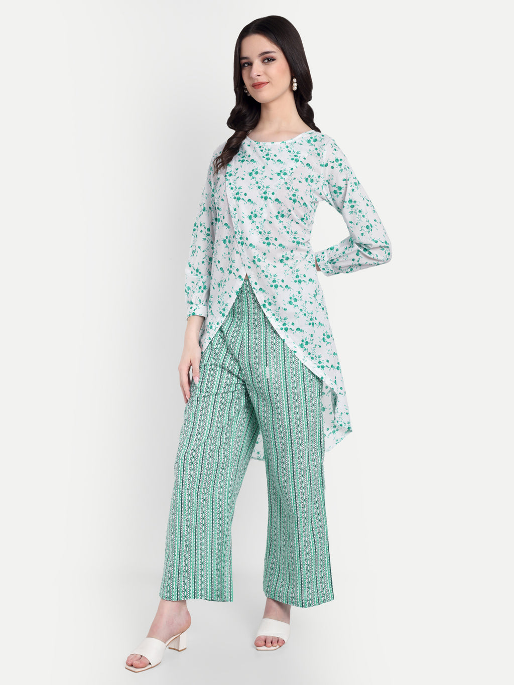 Women's Green White Printed Ethnic Co-ord Set | Asymmetrical Long Kurta with Wide-Leg Pants