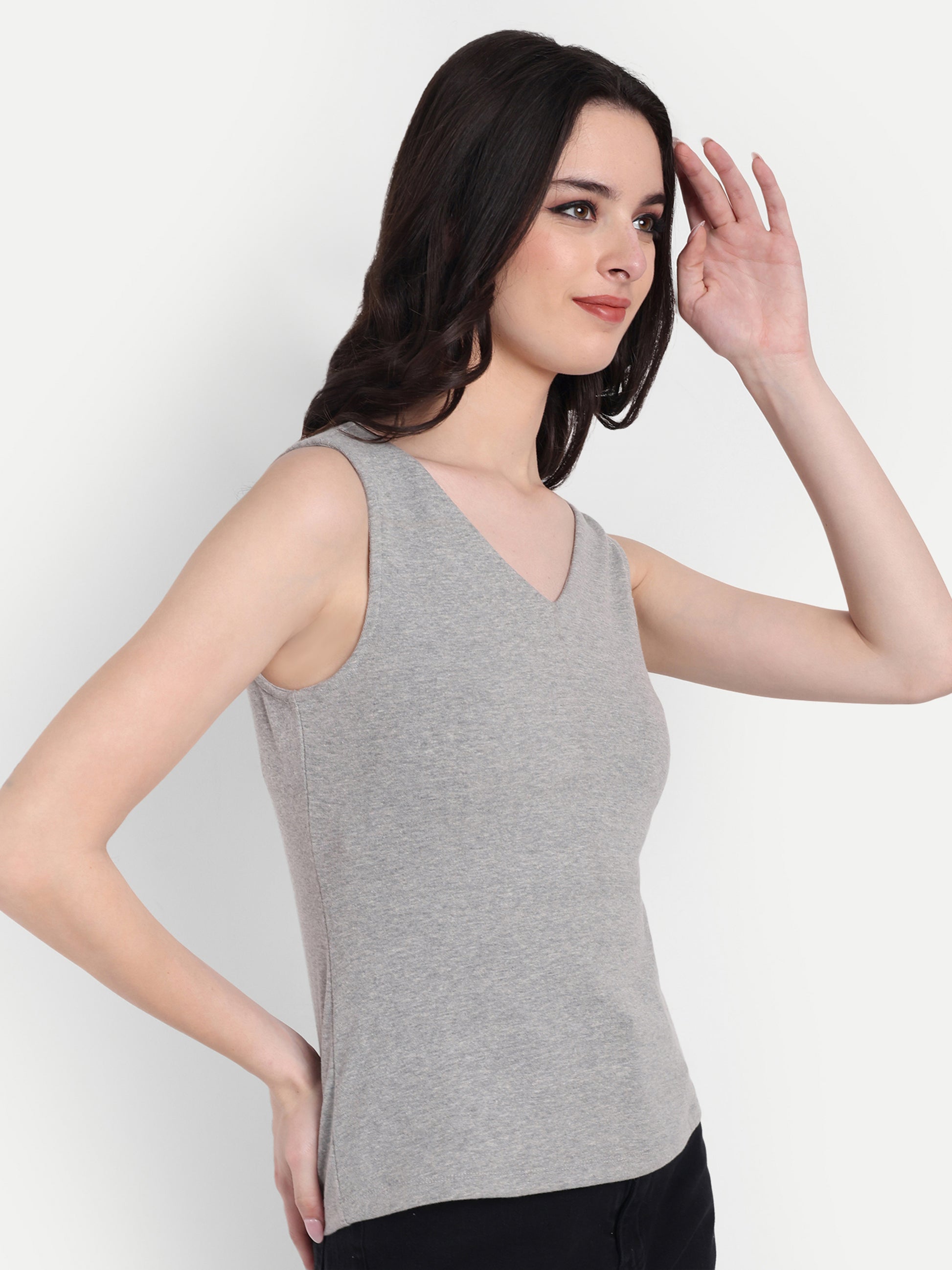 Women's Grey  V-Neck  Sleeveless Top | Casual & Party Wear