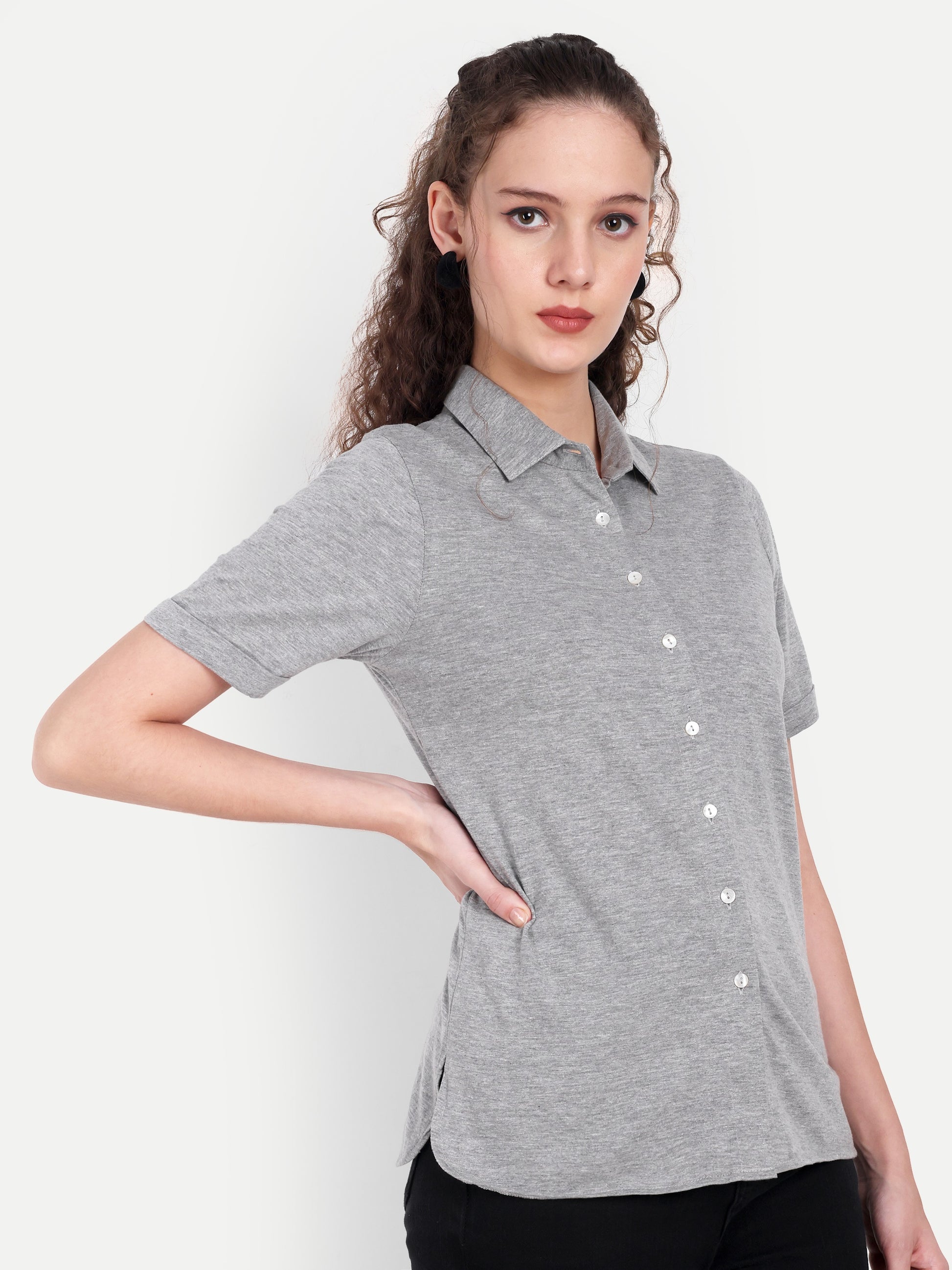 Women's Grey Casual Shirt – Short Sleeve | Button Down | Lightweight
