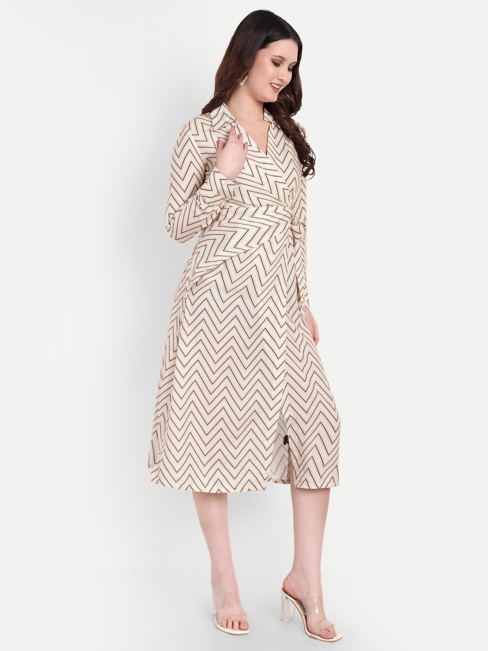 Women's Beige Chevron Print Wrap Midi Dress | Long Sleeve | Belt Tie Waist