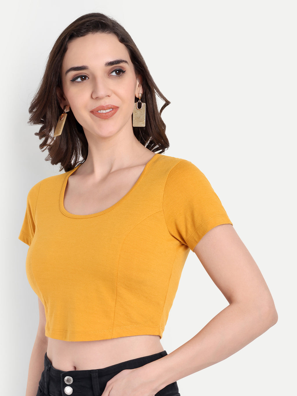 omen's Mustard Yellow Crop Top with Scoop Neck & Short Sleeves