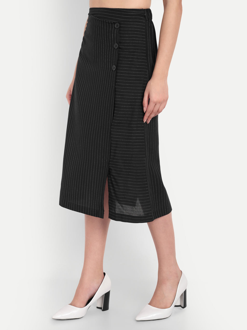 Women's Black Pinstripe Wrap Midi Skirt with Button Detail | Office & Casual Wear