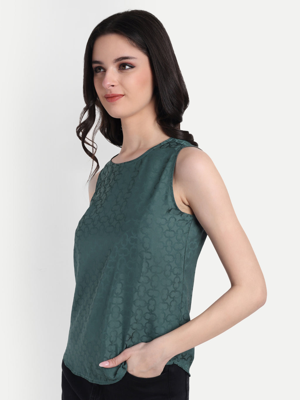 Women's Dark Green Sleeveless Top | Subtle Pattern | Elegant Round Neck for Casual & Office Wear