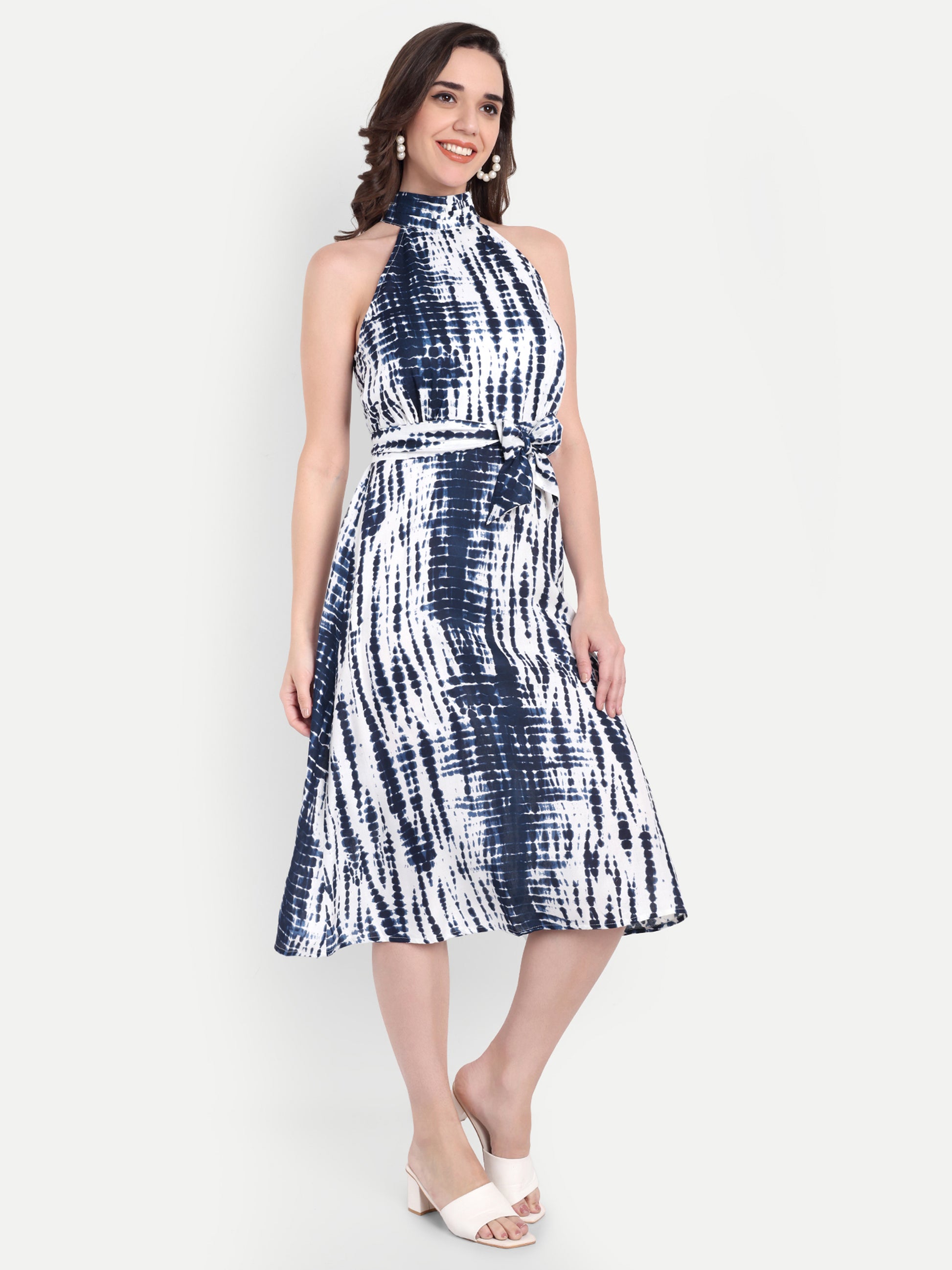 Women's blue & White Halter Neck Midi Dress | Belted Waist | Resort & Summer Wear