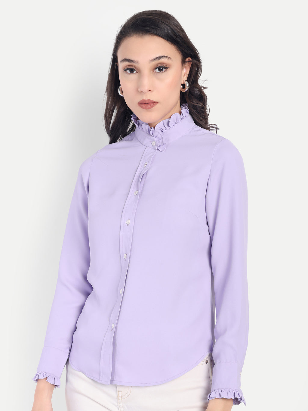 Women's Lavender Ruffle Collar Shirt | Elegant Formal & Casual Top with Long Sleeves