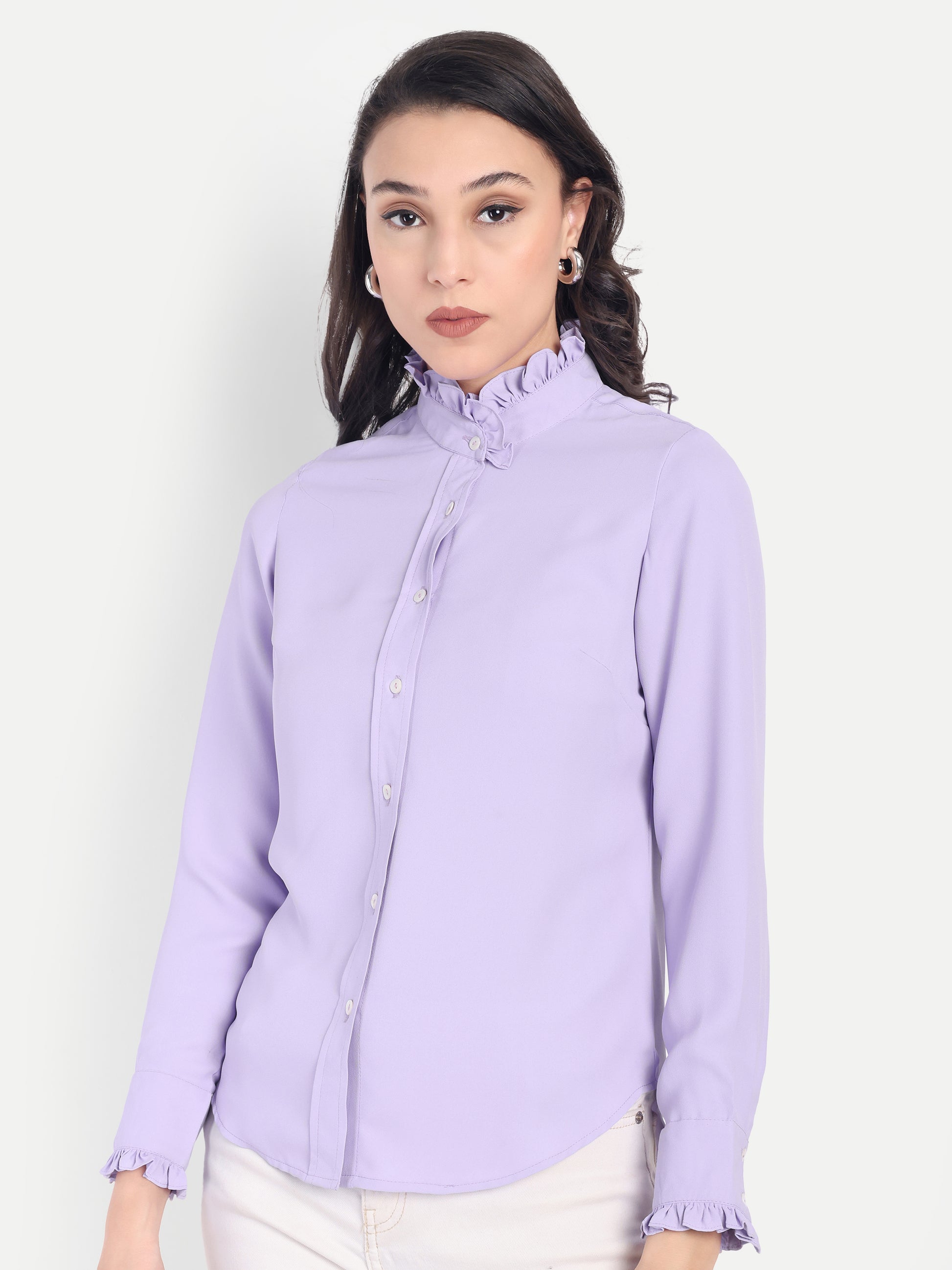 Women's Lavender Ruffle Collar Shirt | Elegant Formal & Casual Top with Long Sleeves