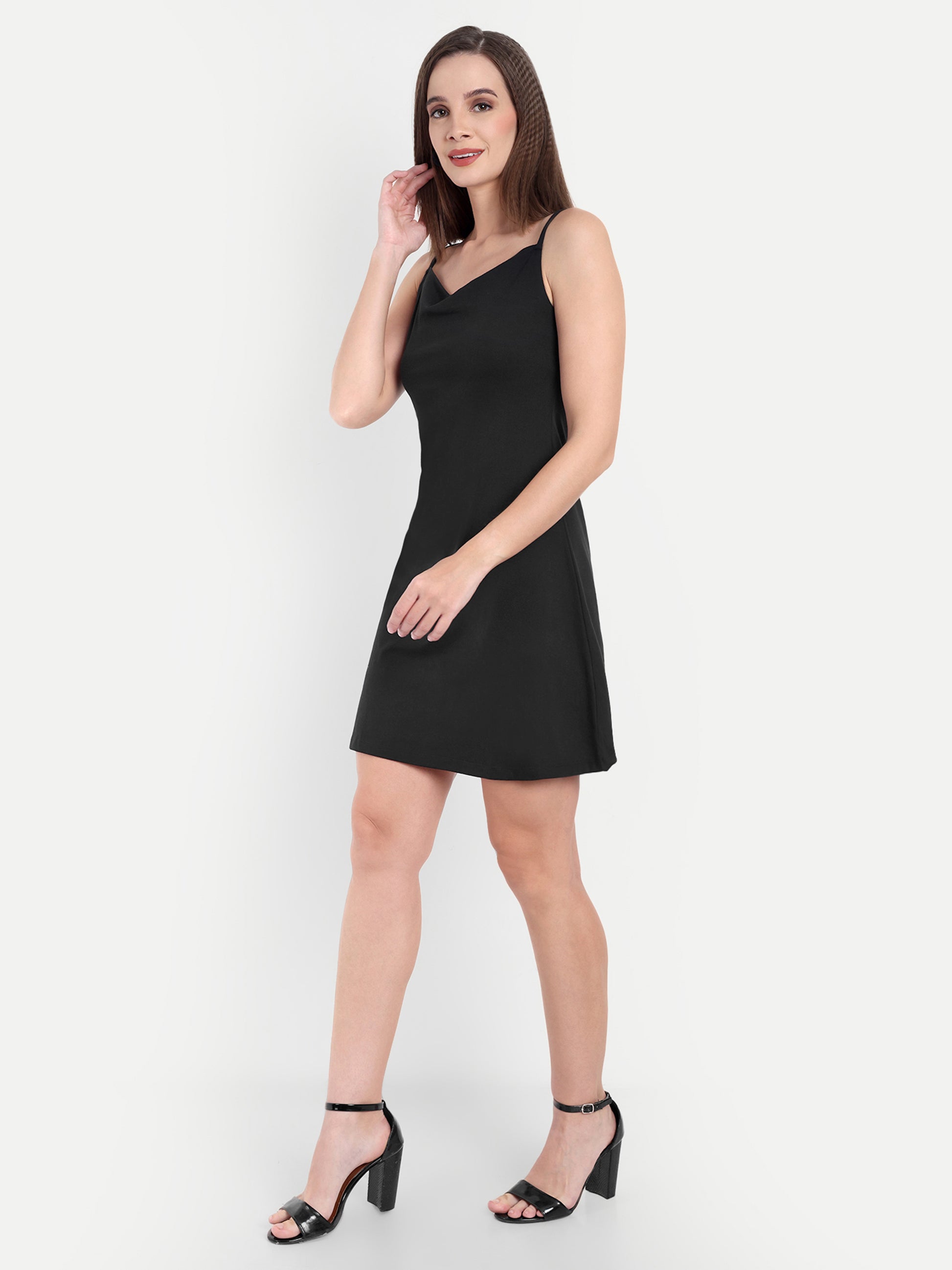 Women's Black A-Line Mini Dress | Sleeveless Cowl Neck | Casual & Party Wear